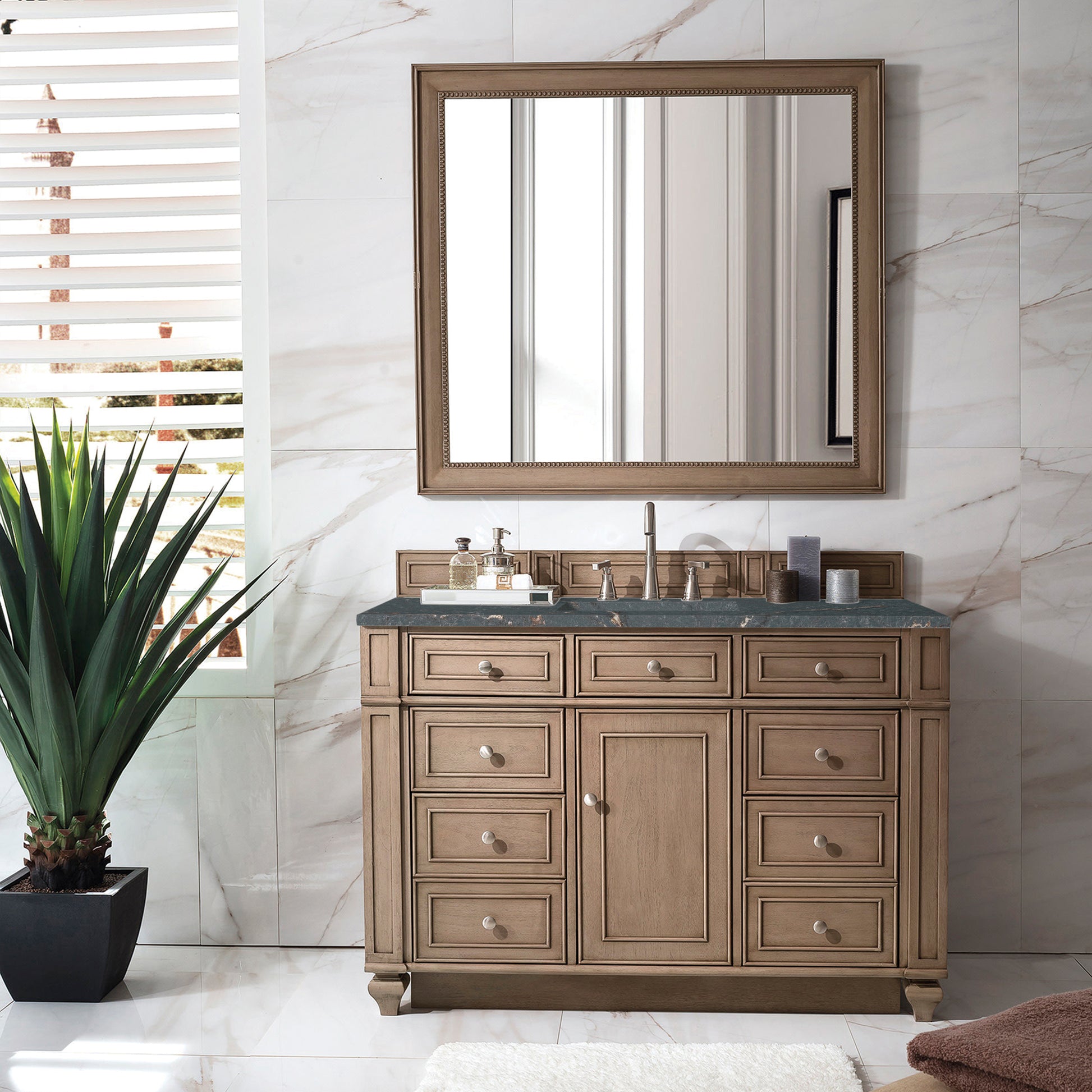 Renovate for Less Atlanta Bristol 48" Single Vanity, Whitewashed Walnut w/ 3 CM Parisien Bleu Silestone Top w/ FreePower Wireless Charger