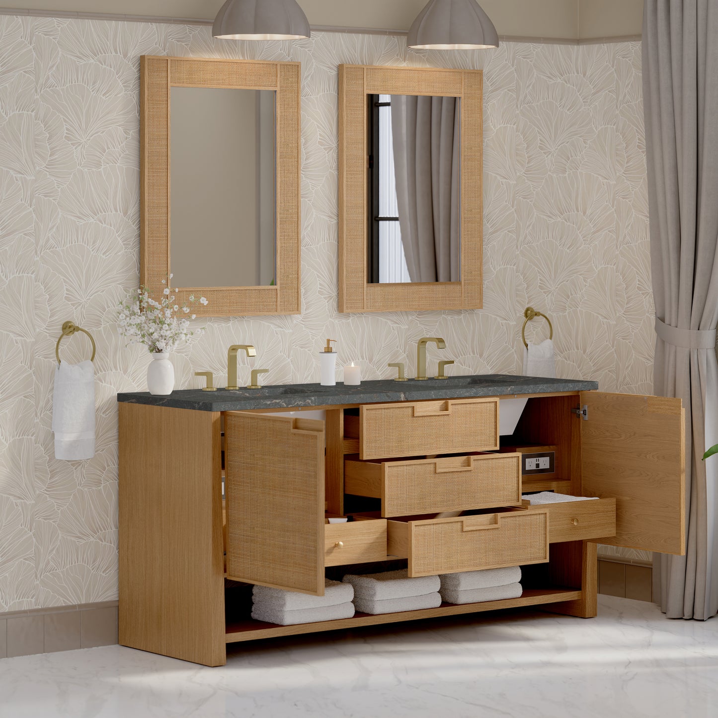 Renovate for Less Atlanta Solene 72" Double Vanity, Seaside Oak, w/ 3 CM Parisien Bleu Quartz Top