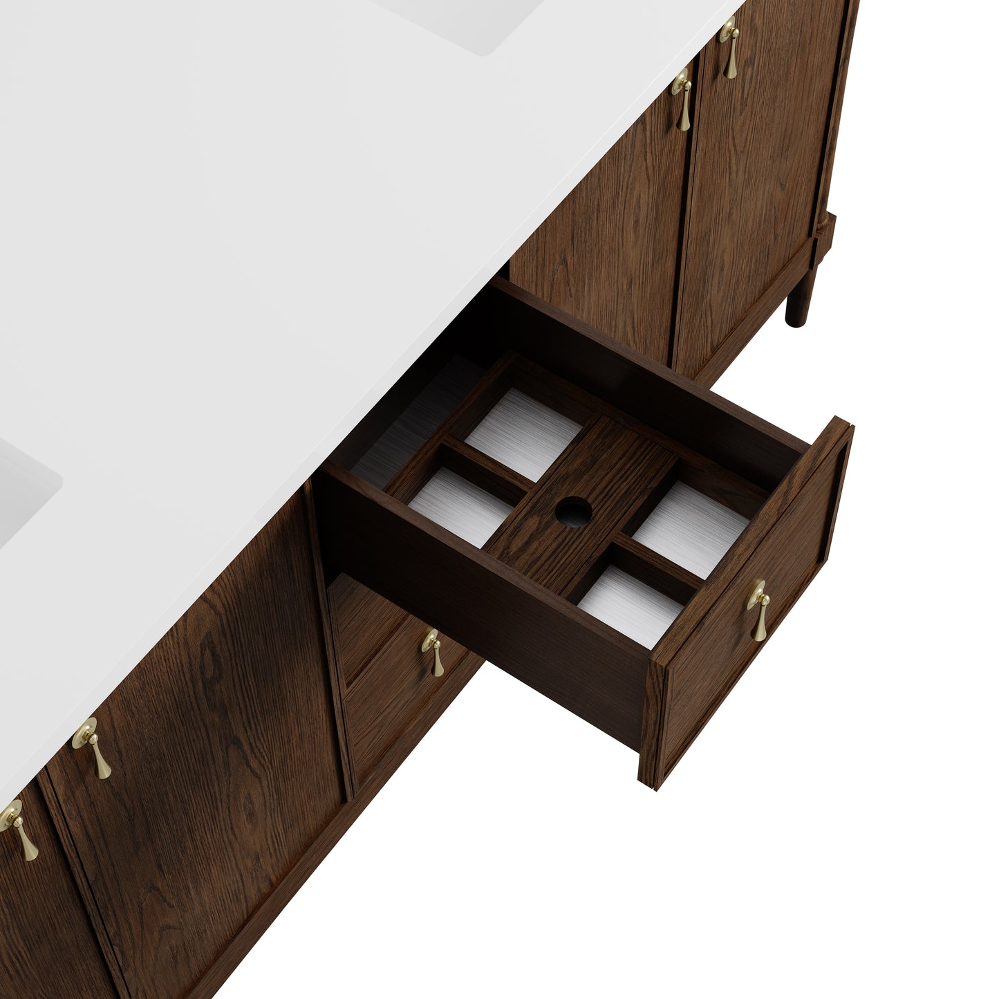 Renovate for Less Atlanta Kinnsden 72" Double Vanity, Sable Oak w/ 3 CM Eternal Jasmine Pearl Silestone Top