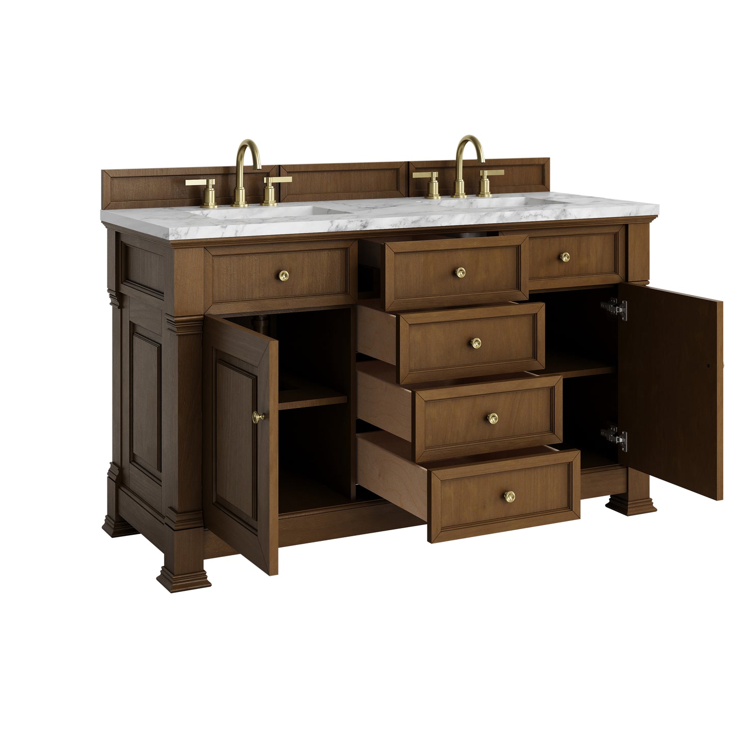Renovate for Less Atlanta Brookfield 60" Double Vanity, Honey Oak w/3 CM Carrara White Marble Top
