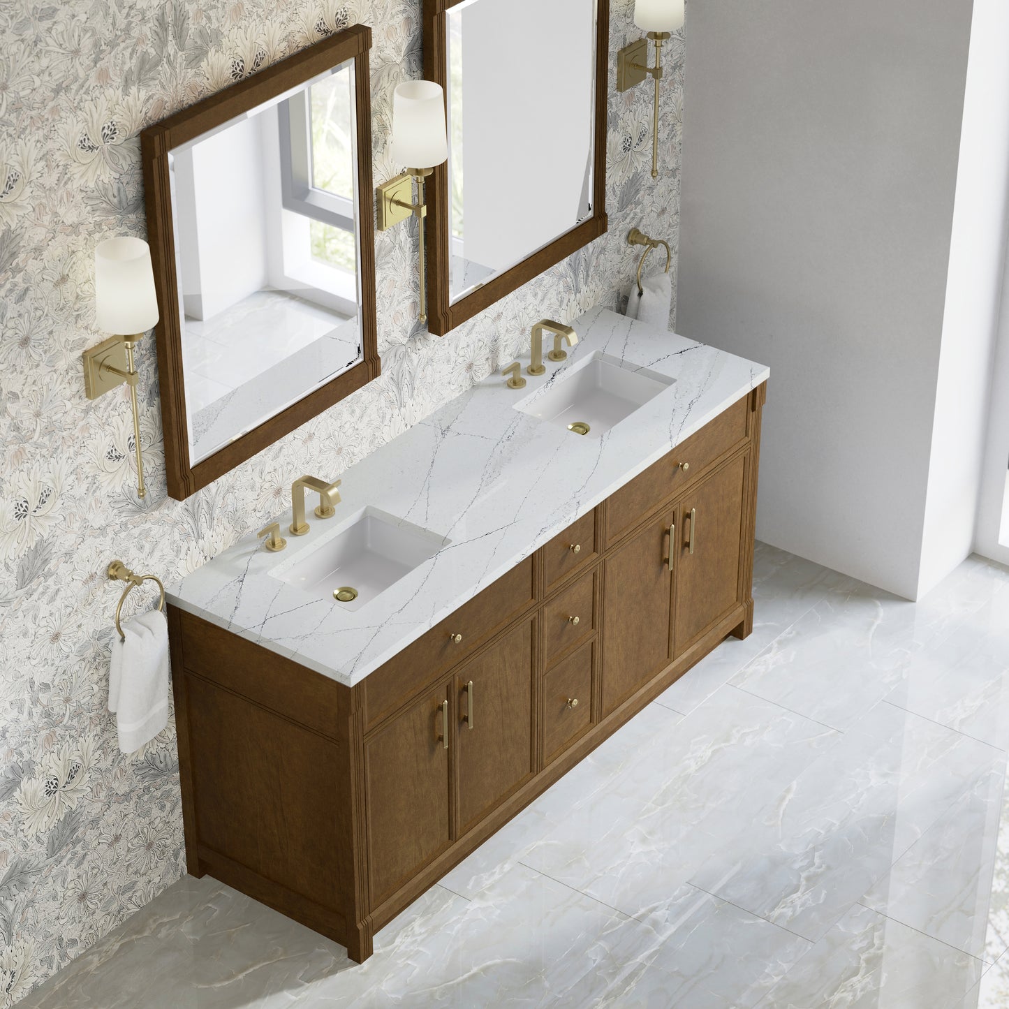 Renovate for Less Atlanta Bellshire 72" Double Vanity, Honey Oak w/ 3 CM Ethereal Noctis Silestone Top