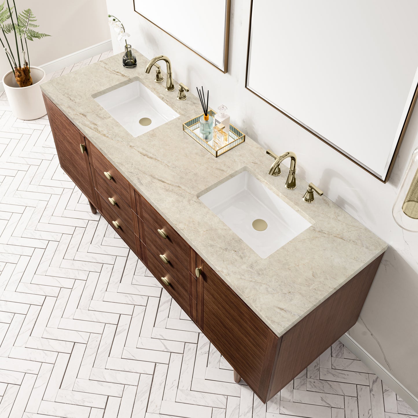Renovate for Less Atlanta Amberly 72" Double Vanity, Mid-Century Walnut, w/ 3 CM Tajnar Eclos Top