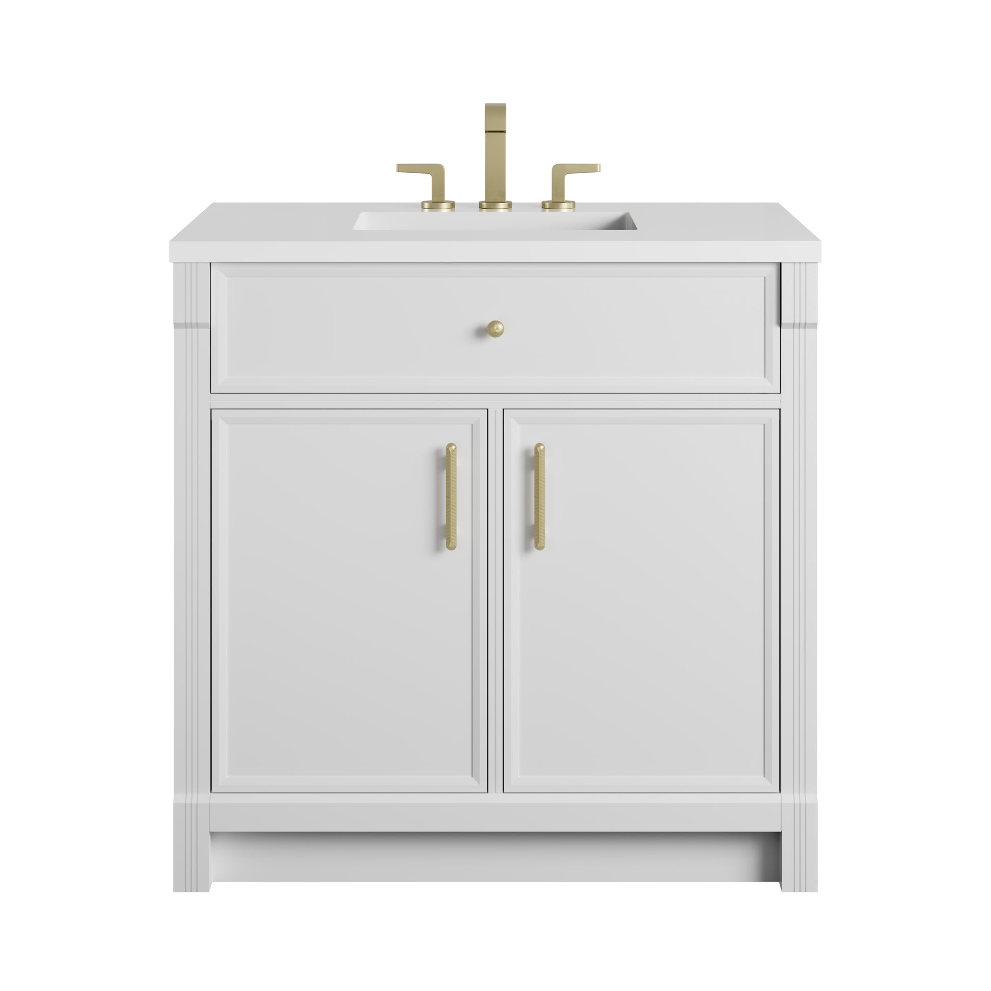 Renovate for Less Atlanta Bellshire 36" Single Vanity, Bright White w/ 3 CM White Zeus Silestone Top