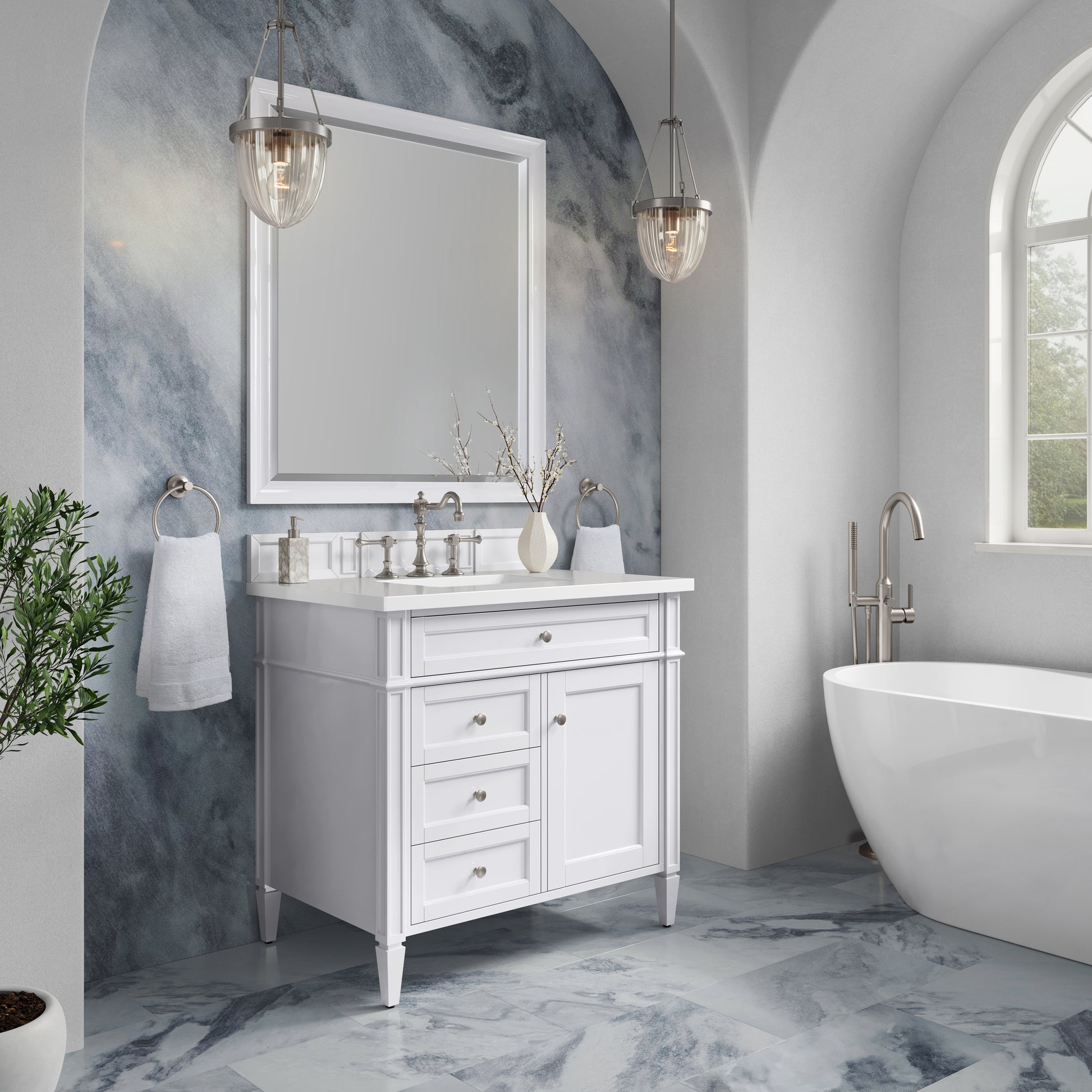 Renovate for Less Atlanta Brittany 36" Single Vanity, Bright White w/ 3 CM White Zeus Silestone Top