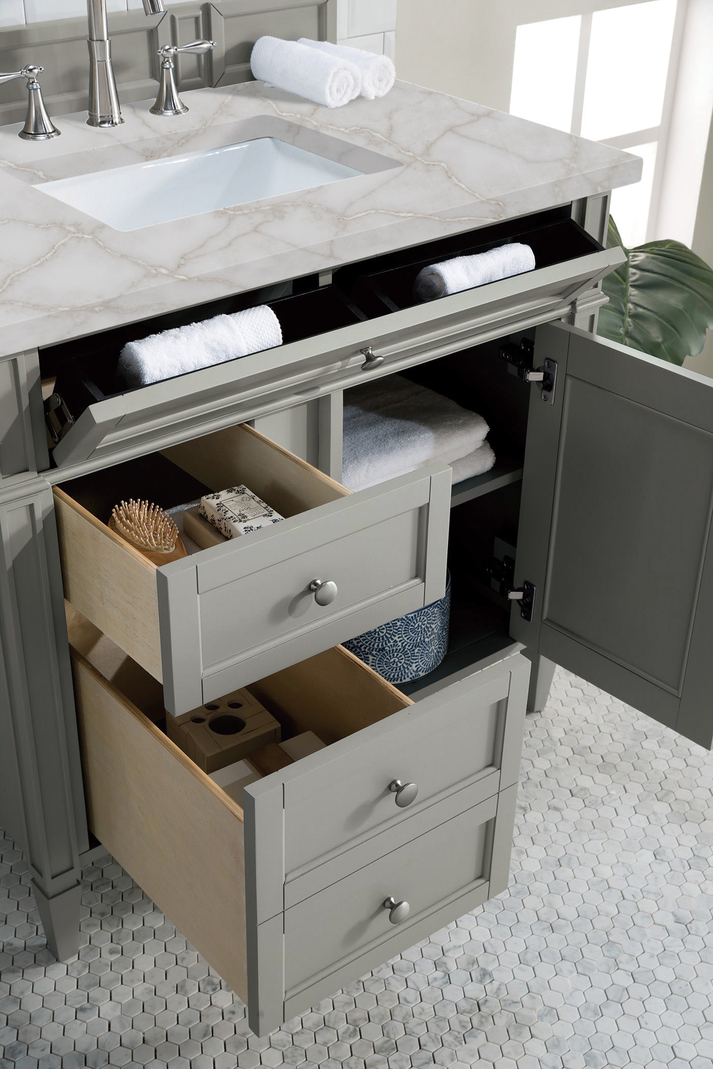 Renovate for Less Atlanta Brittany 36" Single Vanity, Urban Gray w/ 3 CM Victorian Silver Silestone Top