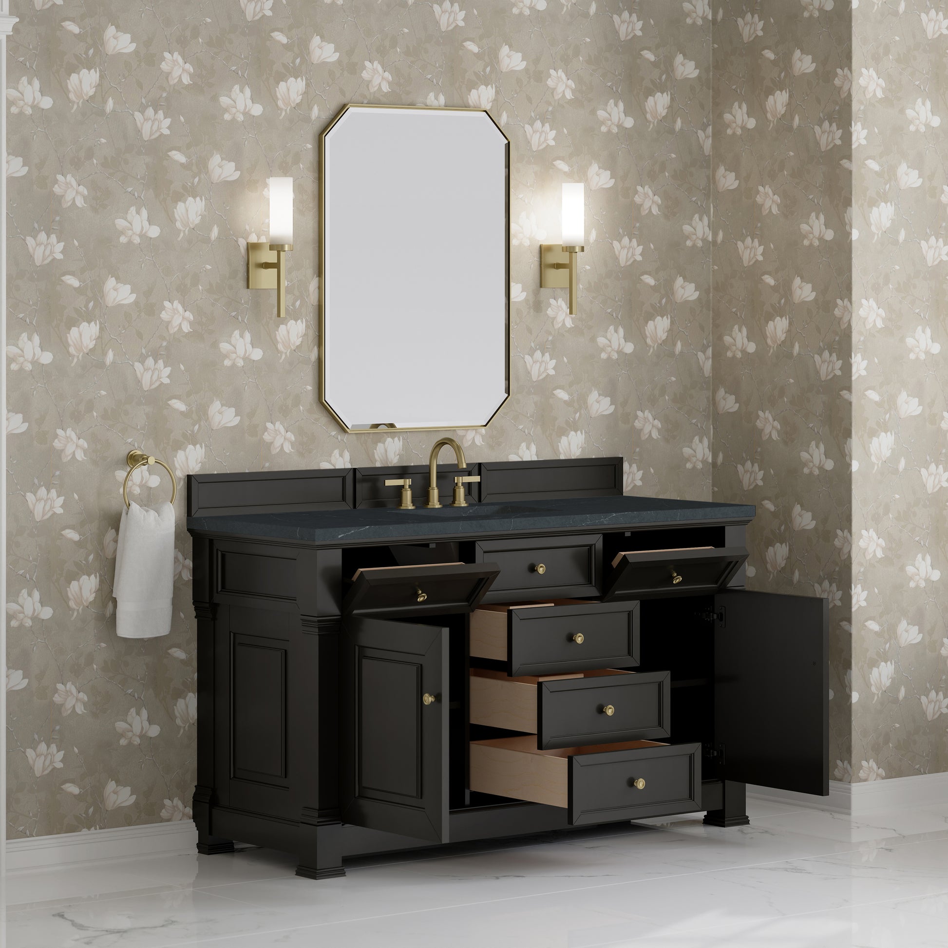 Renovate for Less Atlanta Brookfield 60" Single Vanity, Black Onyx w/3 CM Charcoal Soapstone Silestone Top