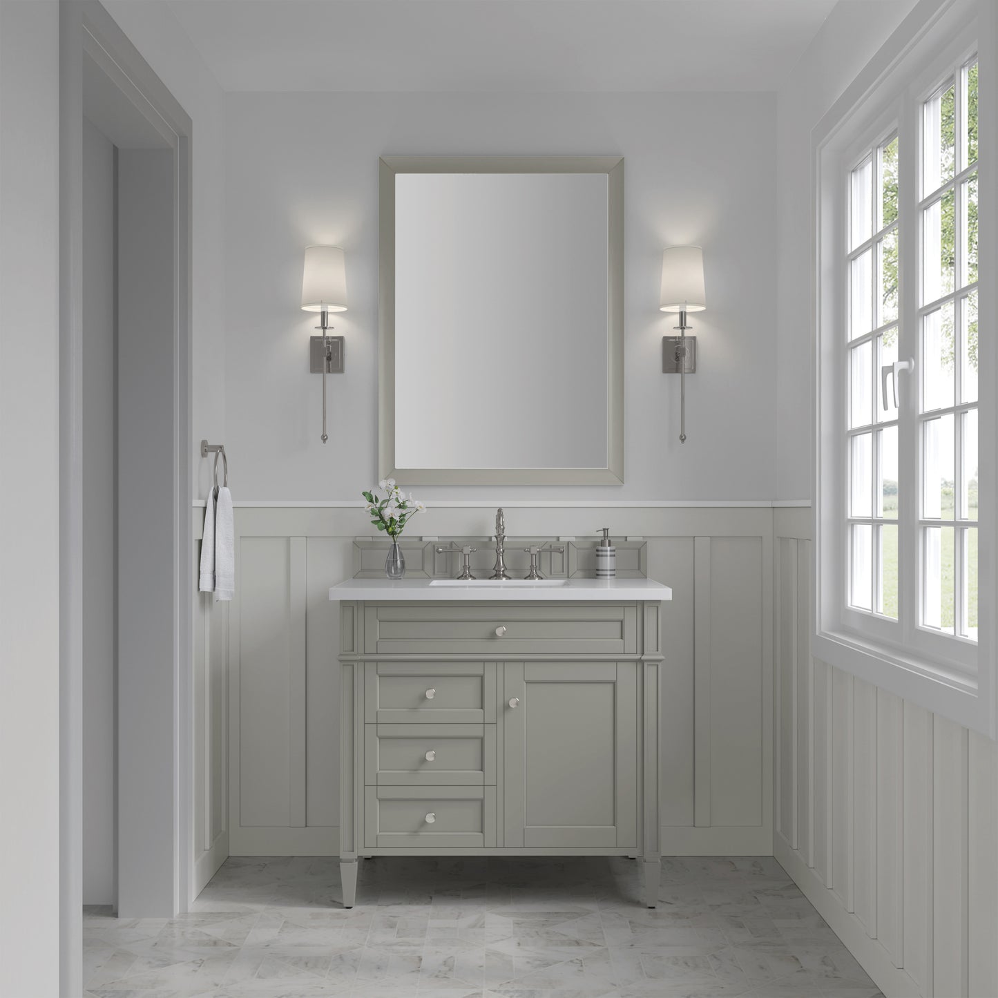 Renovate for Less Atlanta Brittany 36" Single Vanity, Urban Gray w/ 3 CM White Zeus Silestone Top