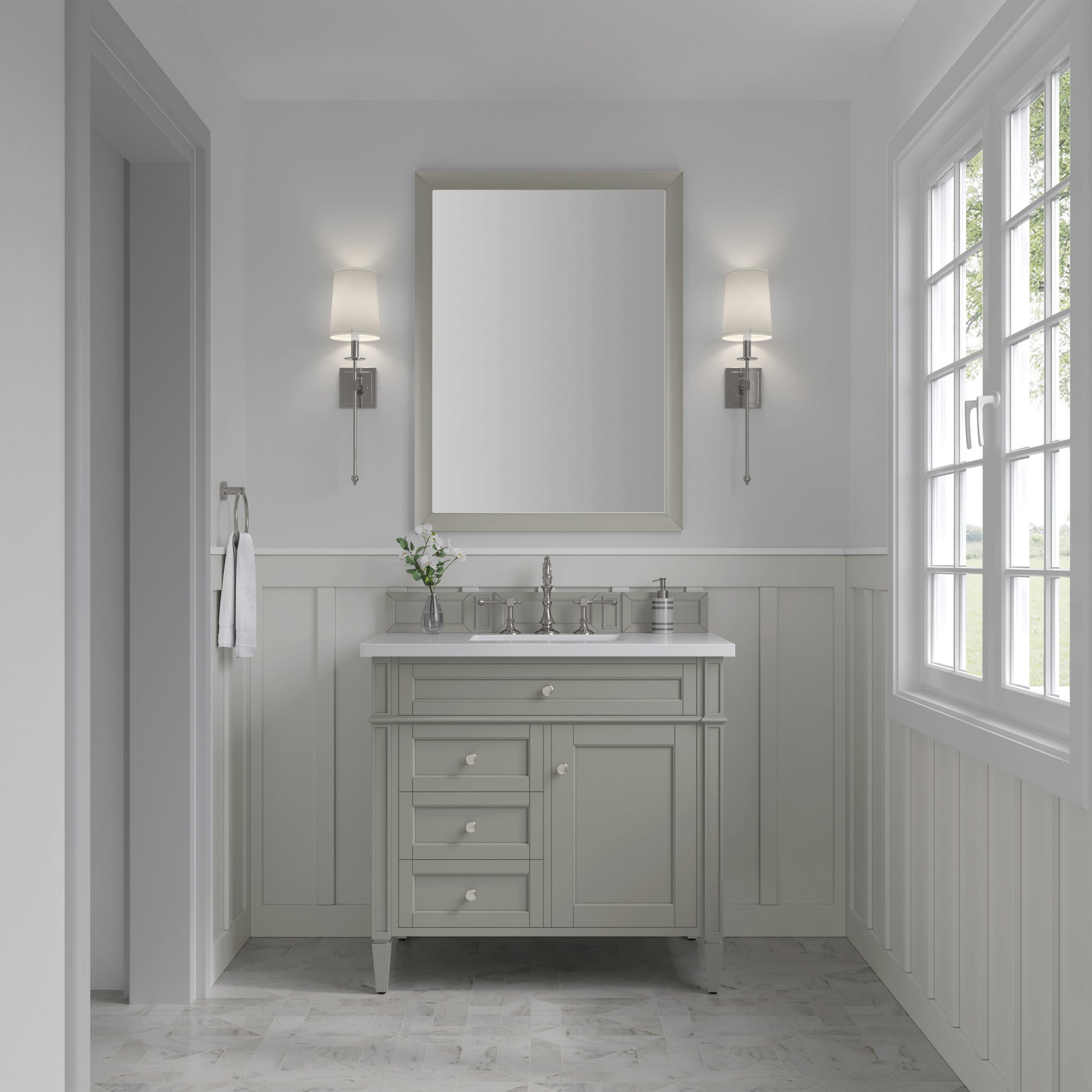Renovate for Less Atlanta Brittany 36" Single Vanity, Urban Gray w/ 3 CM White Zeus Silestone Top