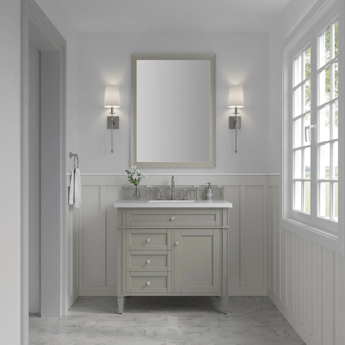 Brittany 36" Single Vanity, Urban Gray w/ 3 CM White Zeus Silestone Top
