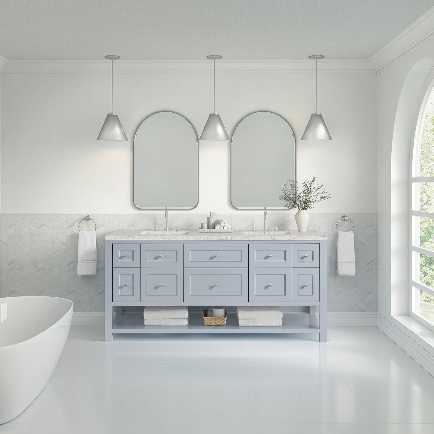 Renovate for Less Atlanta Breckenridge 72" Double Vanity, Serenity Blue, w/ 3 CM Eternal Jasmine Pearl Quartz Top w/FreePower Wireless Charger