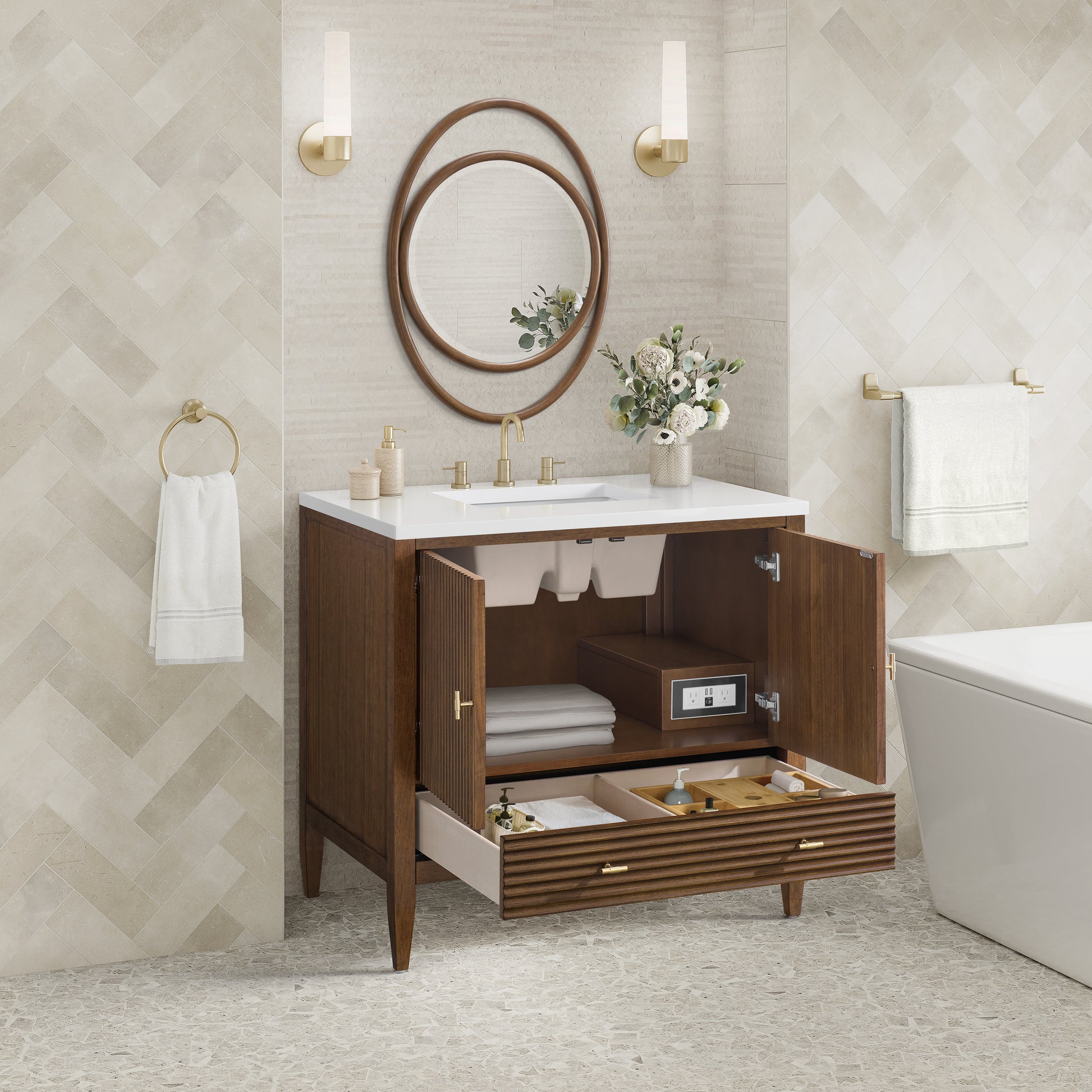 Renovate for Less Atlanta Myrrin 36" Vanity, Mid Century Walnut w/ 3 CM White Zeus Silestone Top