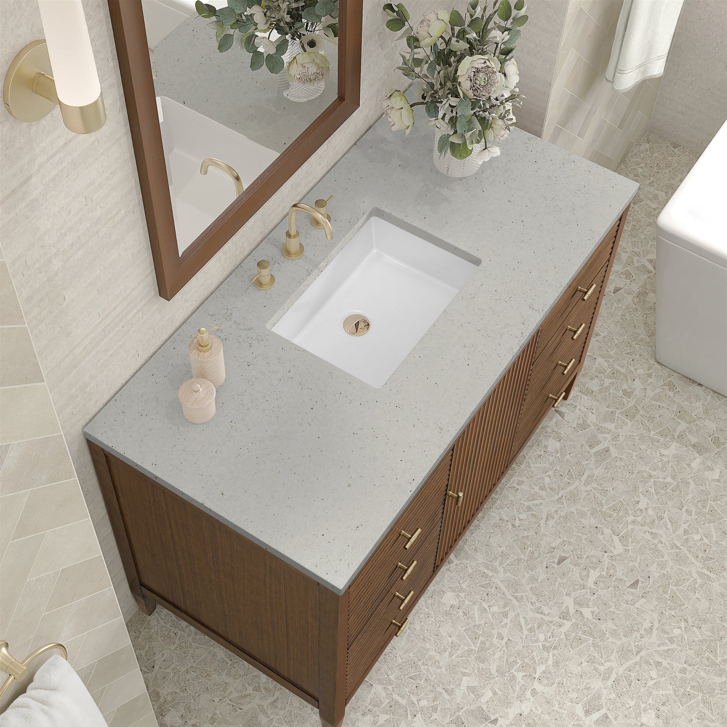 Renovate for Less Atlanta Myrrin 48" Single Vanity, Mid Century Walnut w/ 3 CM Lime Delight Silestone Top