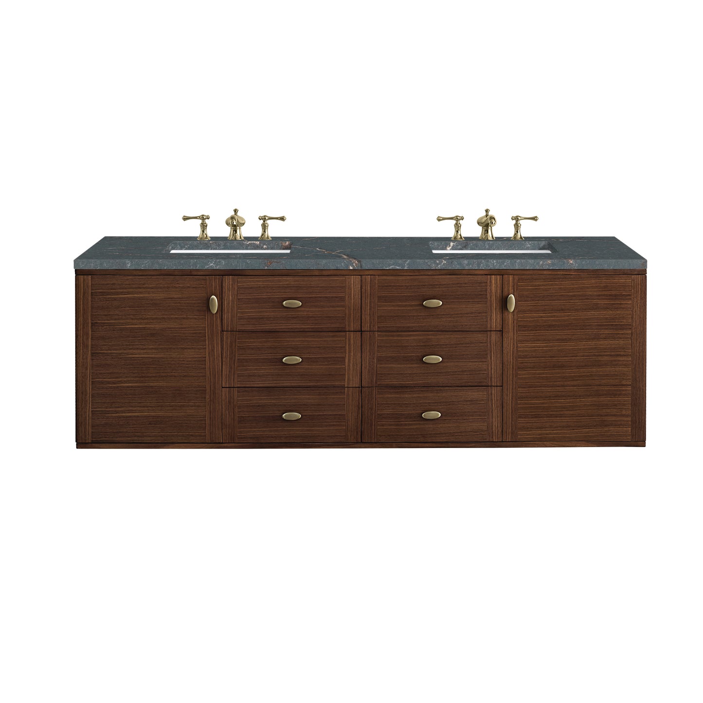 Renovate for Less Atlanta Amberly 72" Double Vanity, Mid-Century Walnut w/ 3 CM Parisien Bleu Top w/FreePower Wireless Charger