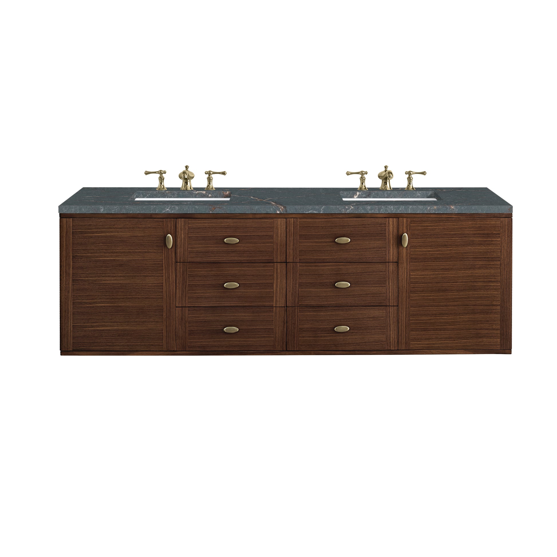Renovate for Less Atlanta Amberly 72" Double Vanity, Mid-Century Walnut w/ 3 CM Parisien Bleu Top w/FreePower Wireless Charger
