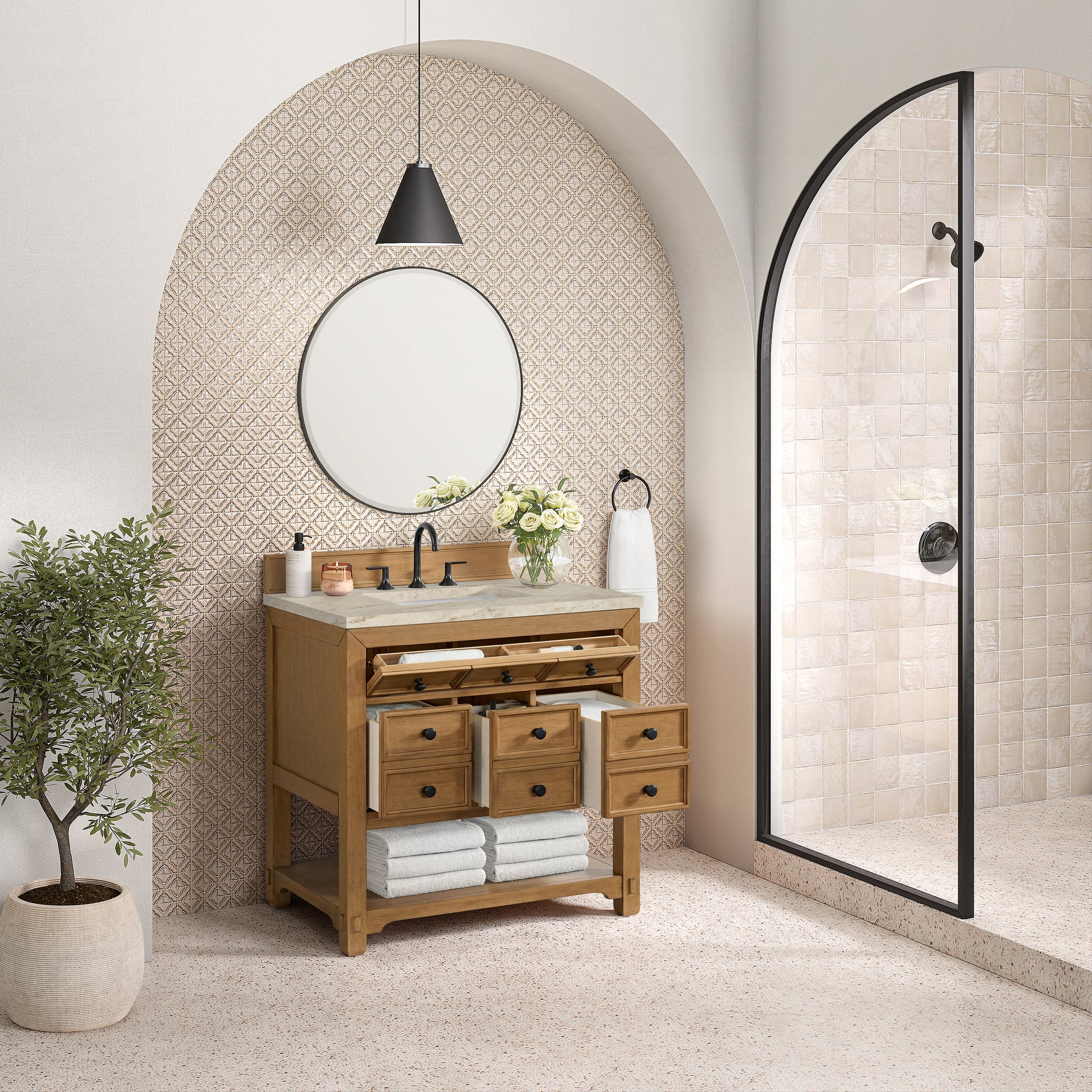 Renovate for Less Atlanta Malibu 36" Single Vanity, Amber Birch, w/ 3 CM Tajnar Eclos Top