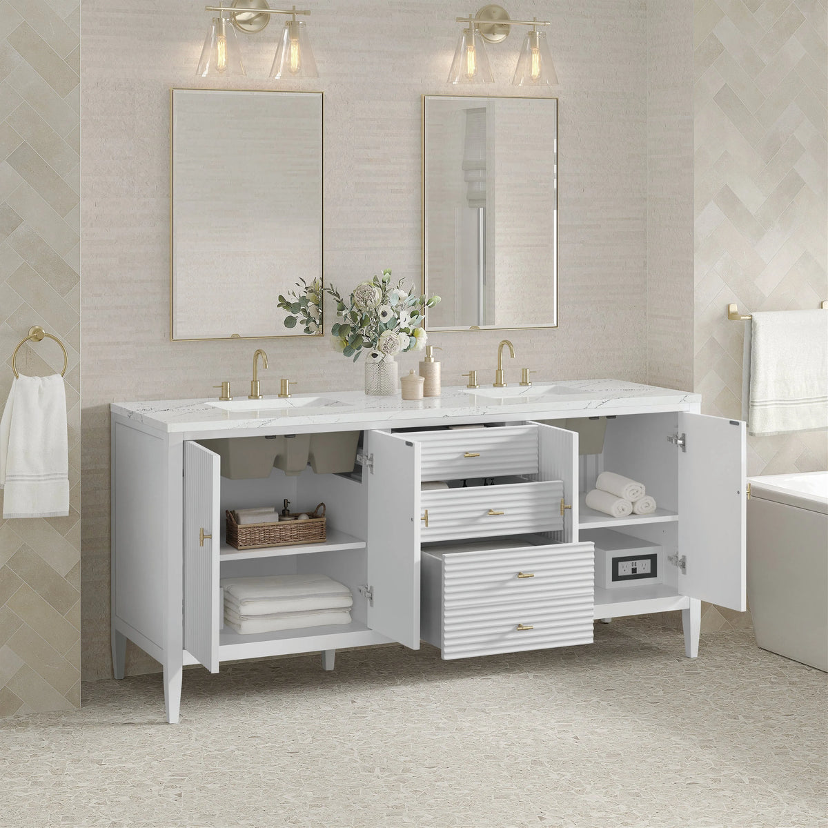 Myrrin 72" Double Vanity, Bright White w/ 3 CM Ethereal Noctis Silestone Top w/FreePower Wireless Charger