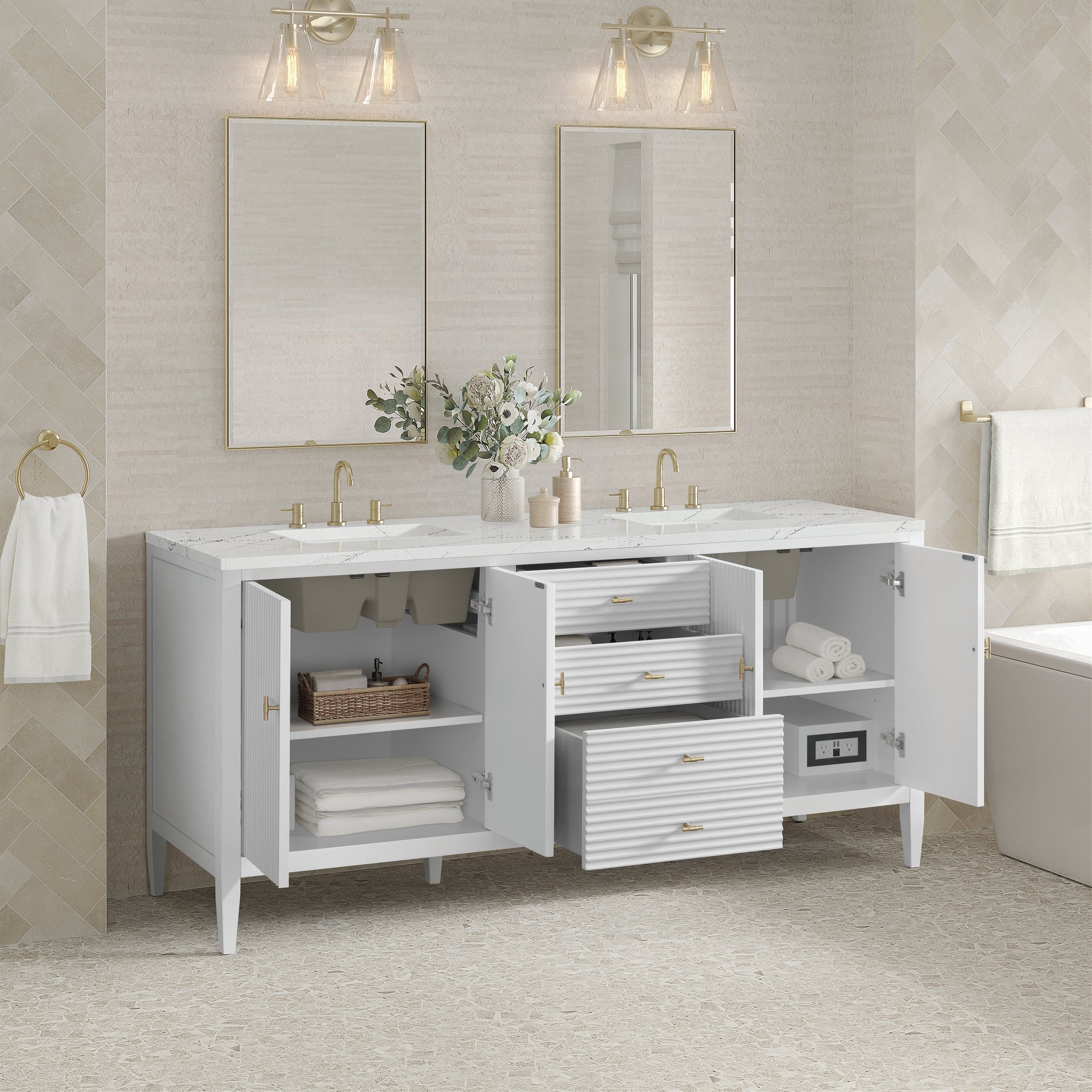 Renovate for Less Atlanta Myrrin 72" Double Vanity, Bright White w/ 3 CM Ethereal Noctis Silestone Top w/FreePower Wireless Charger