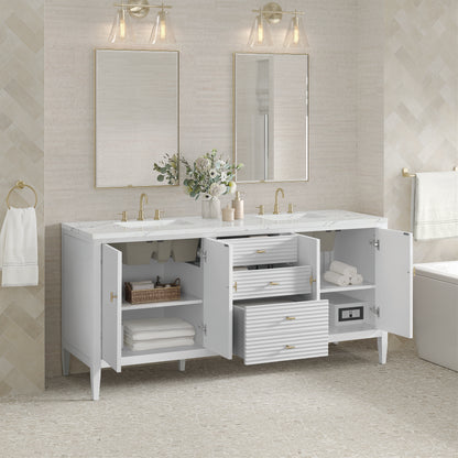 Renovate for Less Atlanta Myrrin 72" Double Vanity, Bright White w/ 3 CM Ethereal Noctis Silestone Top w/FreePower Wireless Charger