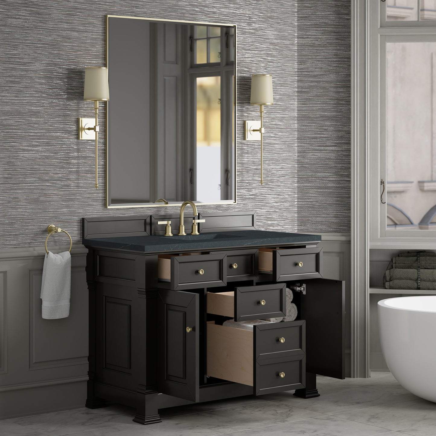 Renovate for Less Atlanta Brookfield 48" Single Vanity, Black Onyx w/3 CM Charcoal Soapstone Silestone Top