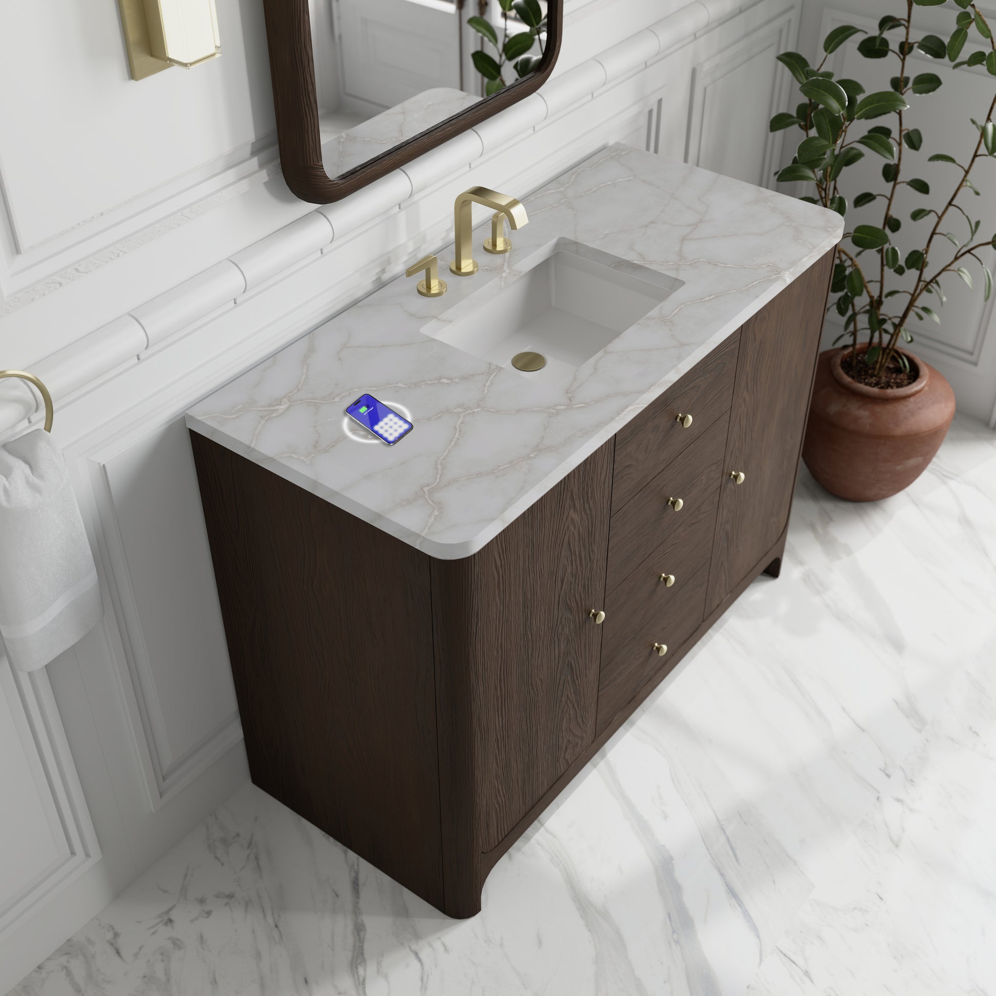 Renovate for Less Atlanta Gracyn 48" Single Vanity, Sable, w/ 3 CM Victorian Silver Silestone Top w/ FreePower Wireless Charger