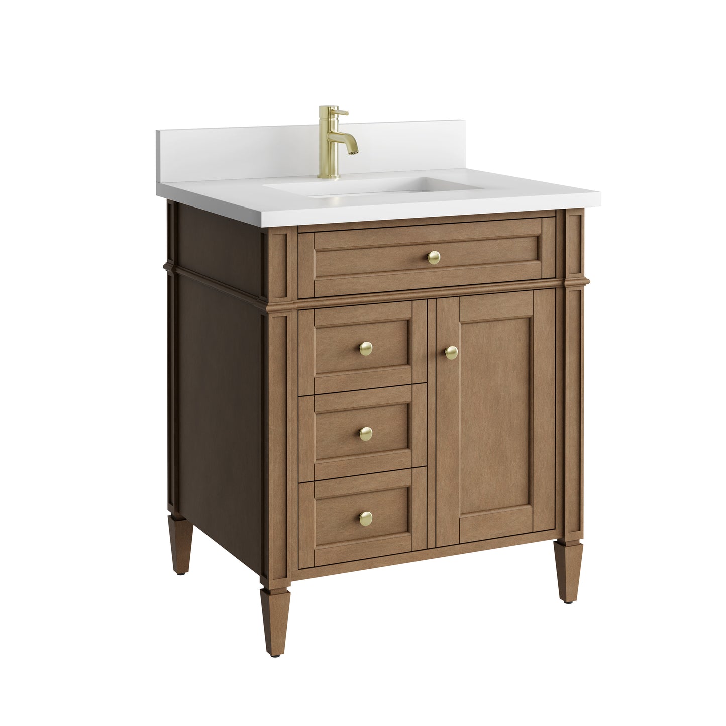 Renovate for Less Atlanta Brittany 30" Single Vanity, Pecan w/ Single Hole 3 CM White Zeus Silestone Top and Matching Backsplash