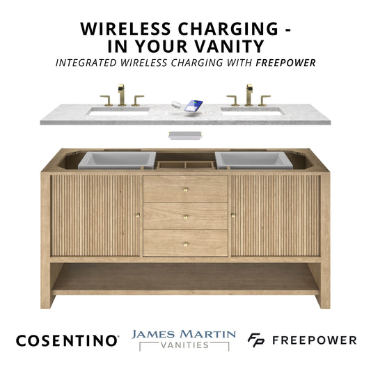 Renovate for Less Atlanta Bellshire 72" Double Vanity, Honey Oak w/ 3 CM Victorian Silver Silestone Top w/FreePower Wireless Charger