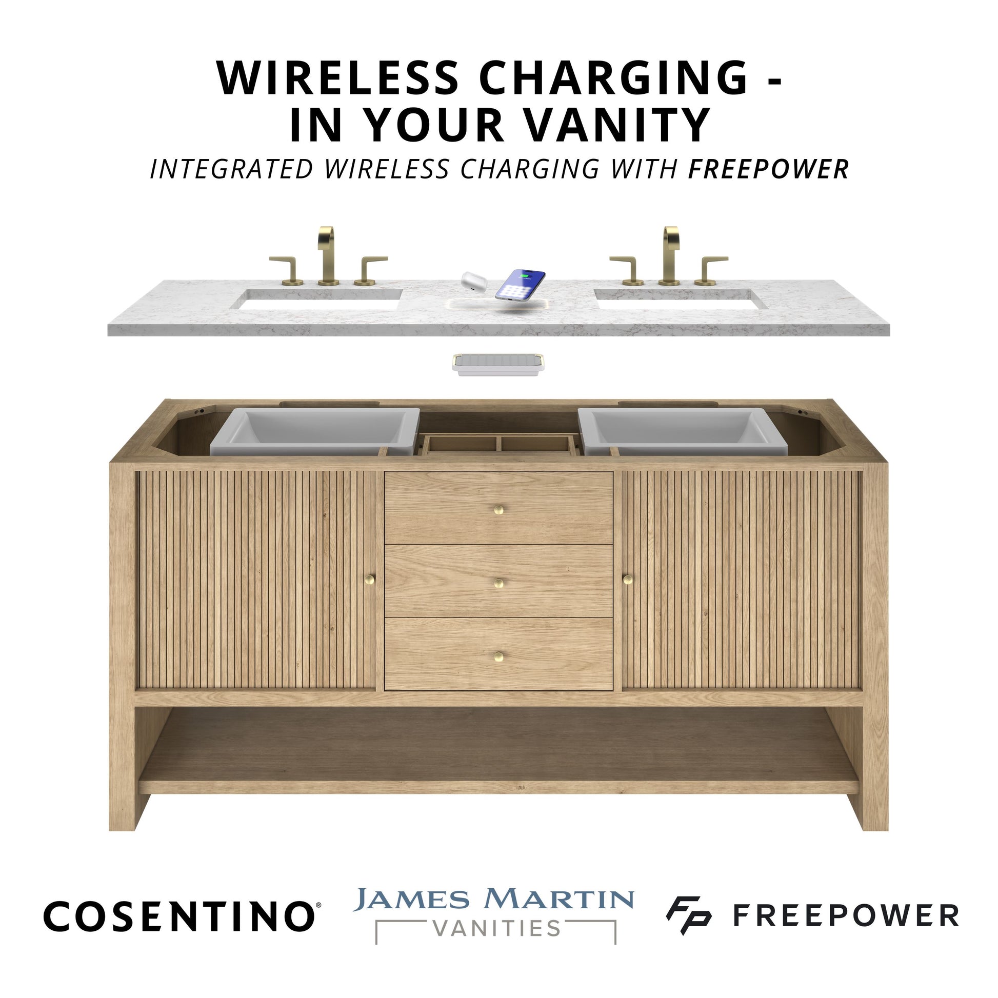Renovate for Less Atlanta Bellshire 72" Double Vanity, Bright White w/ 3 CM Ethereal Noctis Silestone Top w/FreePower Wireless Charger