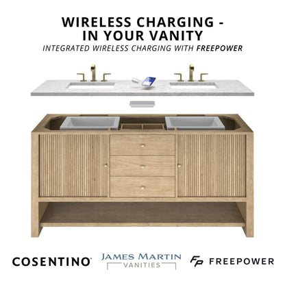 Renovate for Less Atlanta Marigot 72" Double Vanity, Sunwashed Oak w/ 3 CM Victorian Silver Silestone Top w/ FreePower Wireless Charger