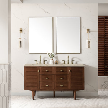 Renovate for Less Atlanta Amberly 60" Double Vanity, Mid-Century Walnut, w/ 3 CM Tajnar Eclos Top w/FreePower Wireless Charger