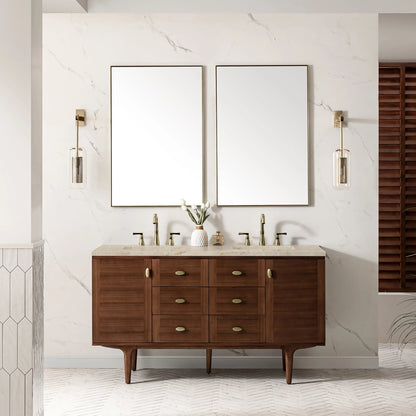 Amberly 60" Double Vanity, Mid-Century Walnut, w/ 3 CM Tajnar Eclos Top w/FreePower Wireless Charger
