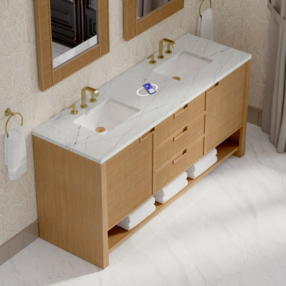 Renovate for Less Atlanta Solene 72" Double Vanity, Seaside Oak, w/ 3 CM Ethereal Noctis Silestone Top w/ FreePower Wireless Charger
