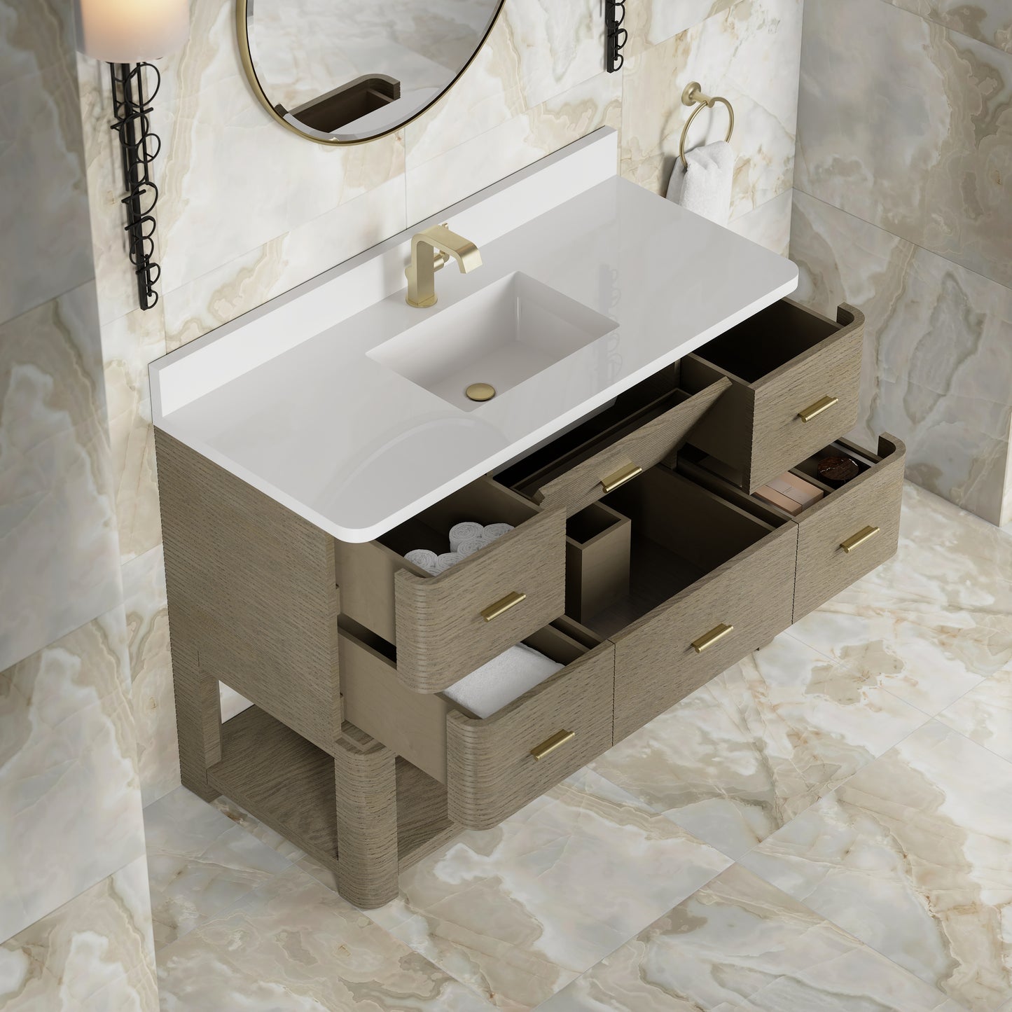 Renovate for Less Atlanta Lucian 48" Single Vanity, Pebble Oak w/ 3 CM White Zeus Silestone Top