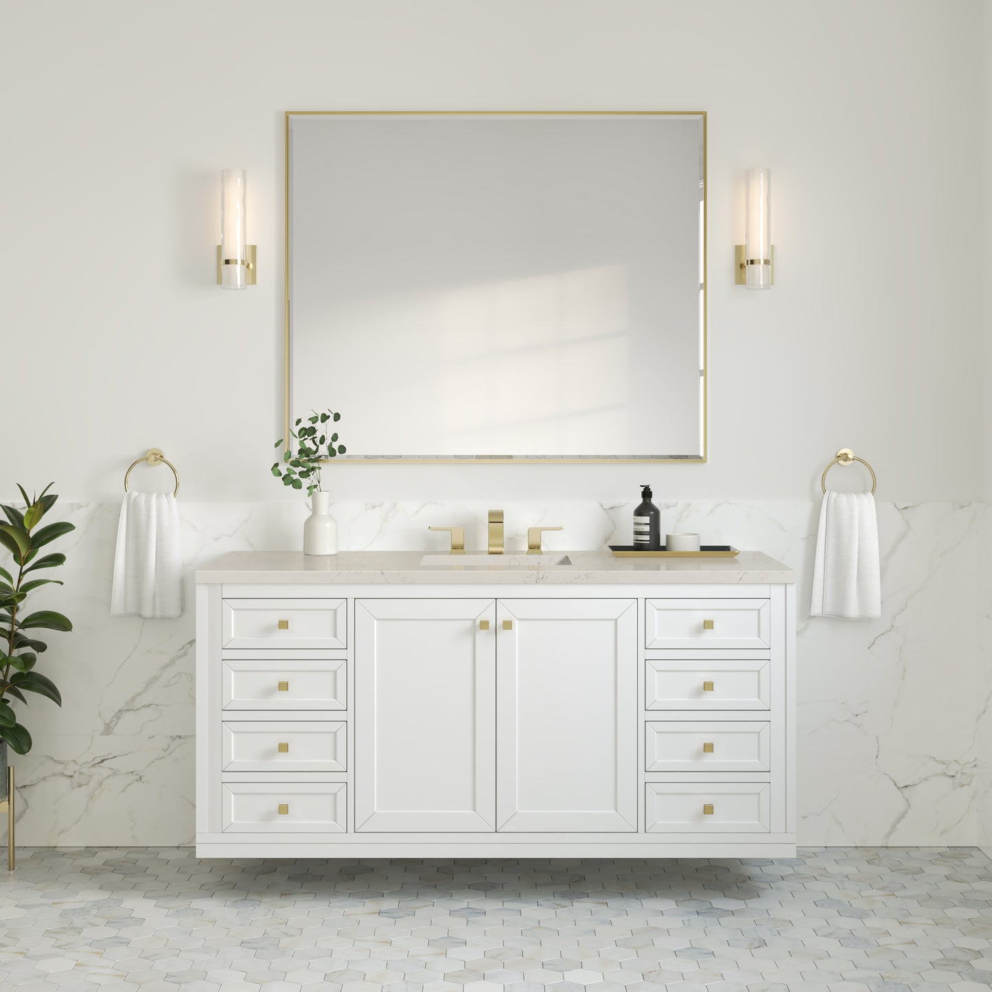 Renovate for Less Atlanta Chicago 60" Single Vanity, Glossy White, w/ 3 CM Siberian Silestone Top w/FreePower Wireless Charger