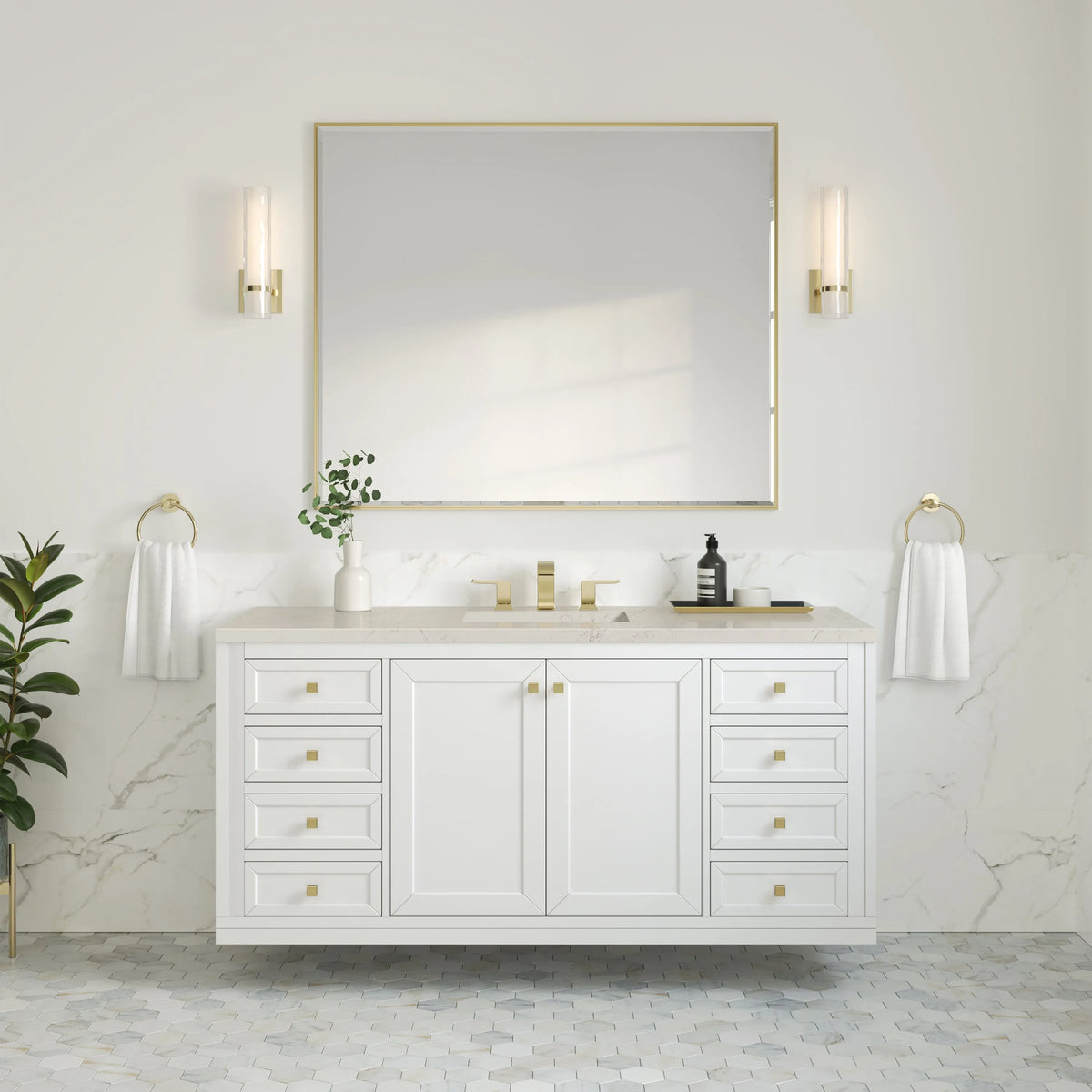Chicago 60" Single Vanity, Glossy White, w/ 3 CM Siberian Silestone Top w/FreePower Wireless Charger