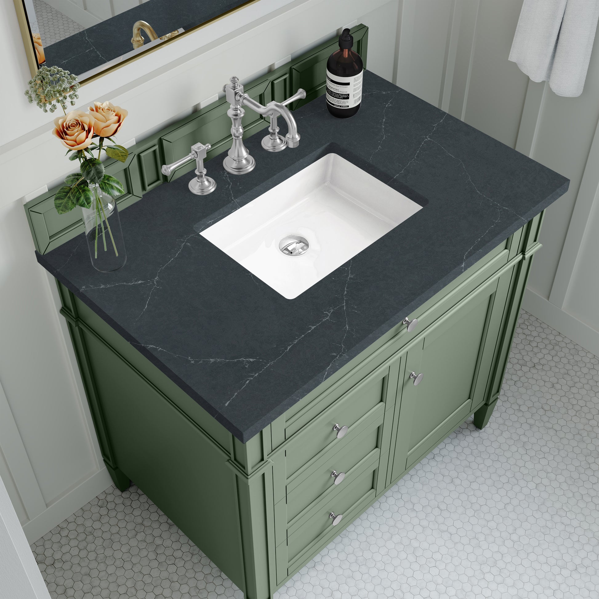 Renovate for Less Atlanta Brittany 36" Single Vanity, Smokey Celadon w/ 3 CM Charcoal Soapstone Top