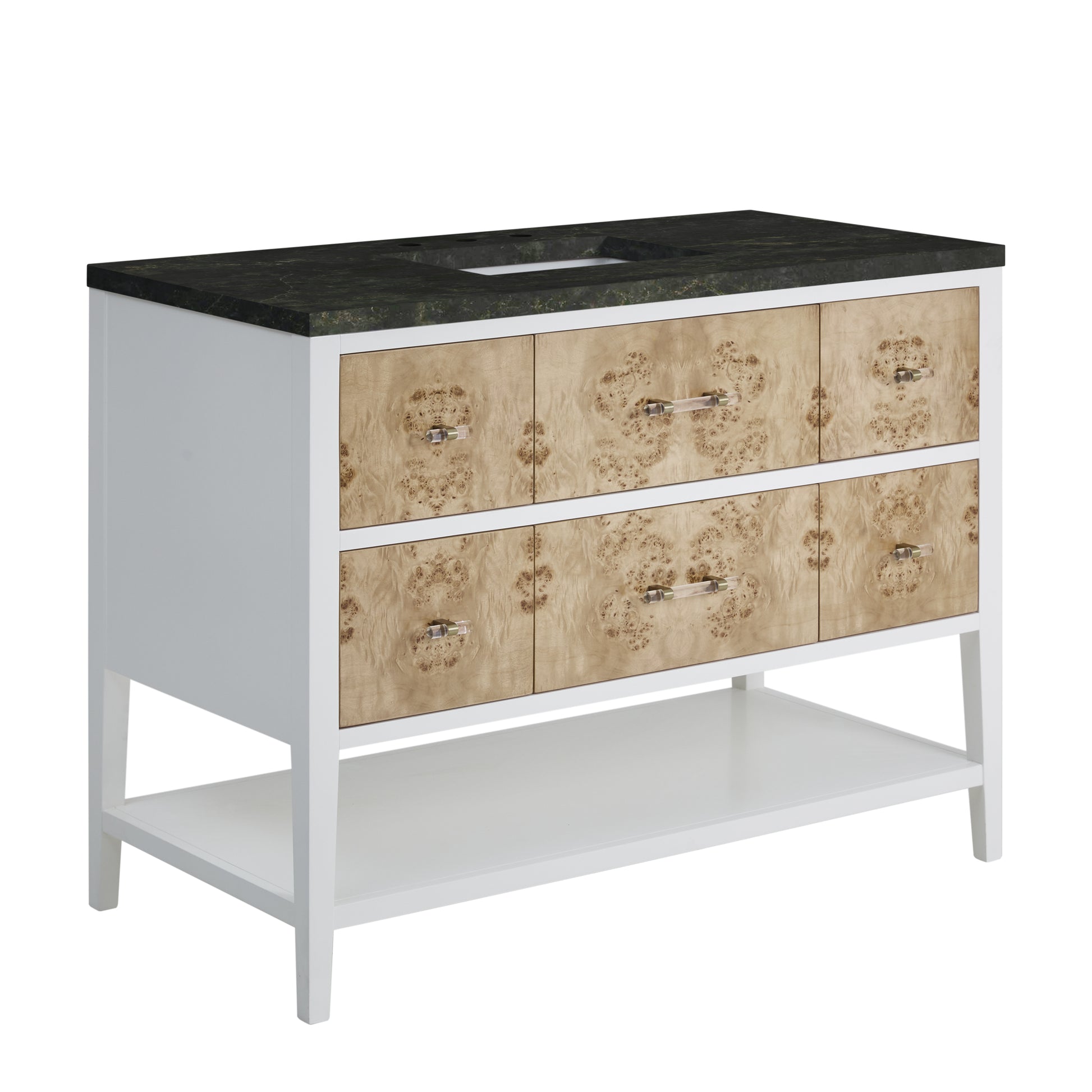 Renovate for Less Atlanta Olena 48" Single Vanity, Light Mappa Burl and Polished White, w/ 3 CM Phantome Eclos Top