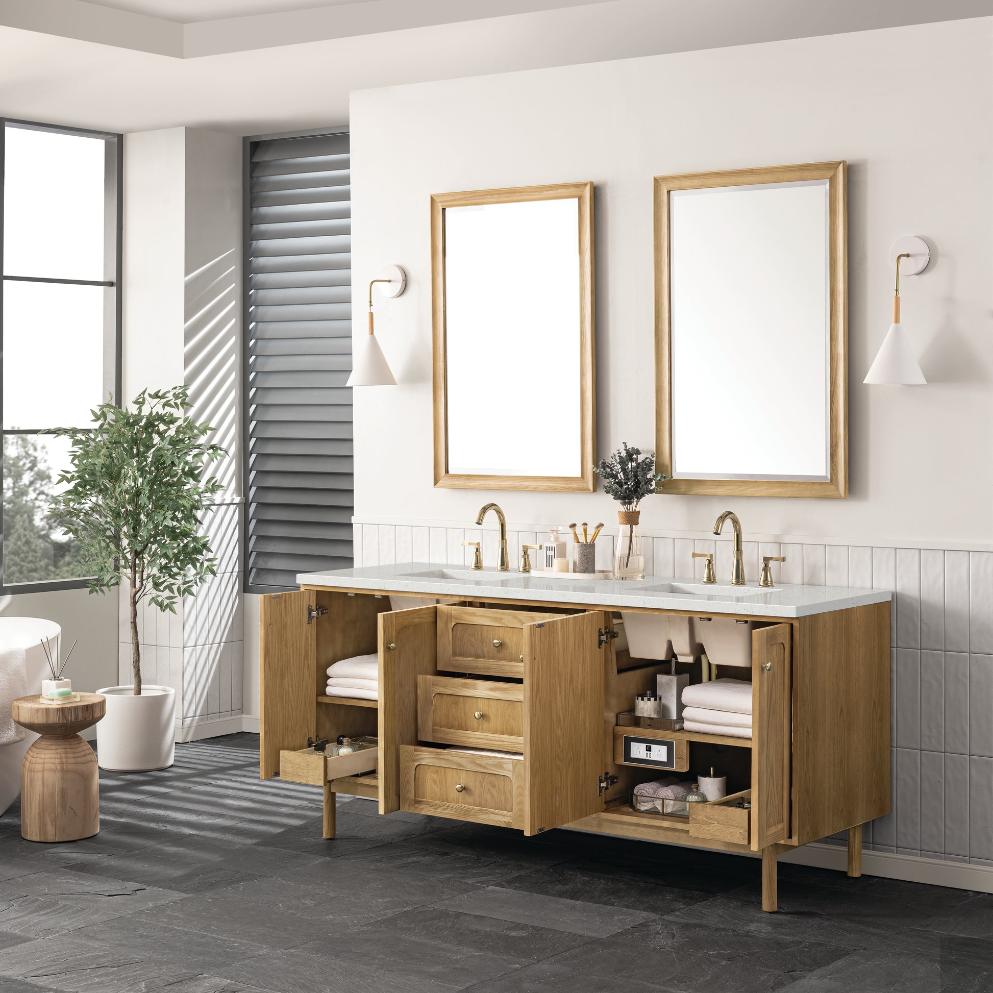 Renovate for Less Atlanta Laurent 72" Double Vanity, Light Natural Oak w/ 3 CM Lime Delight Top