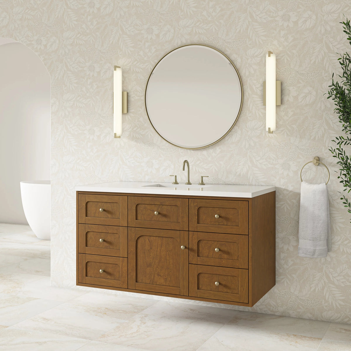 Laurent 48" Single Vanity, Honey Oak w/ 3 CM White Zeus Silestone Top