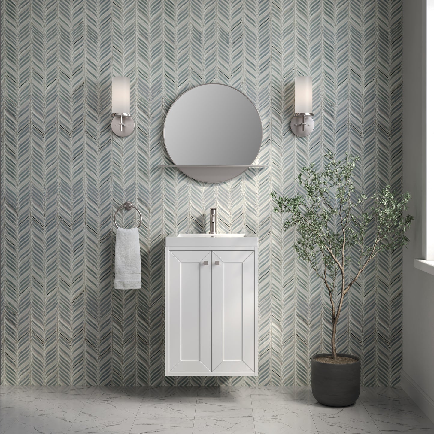 Renovate for Less Atlanta Chianti 20" Single Vanity, Glossy White, Brushed Nickel, w/ White Glossy Composite Stone Top