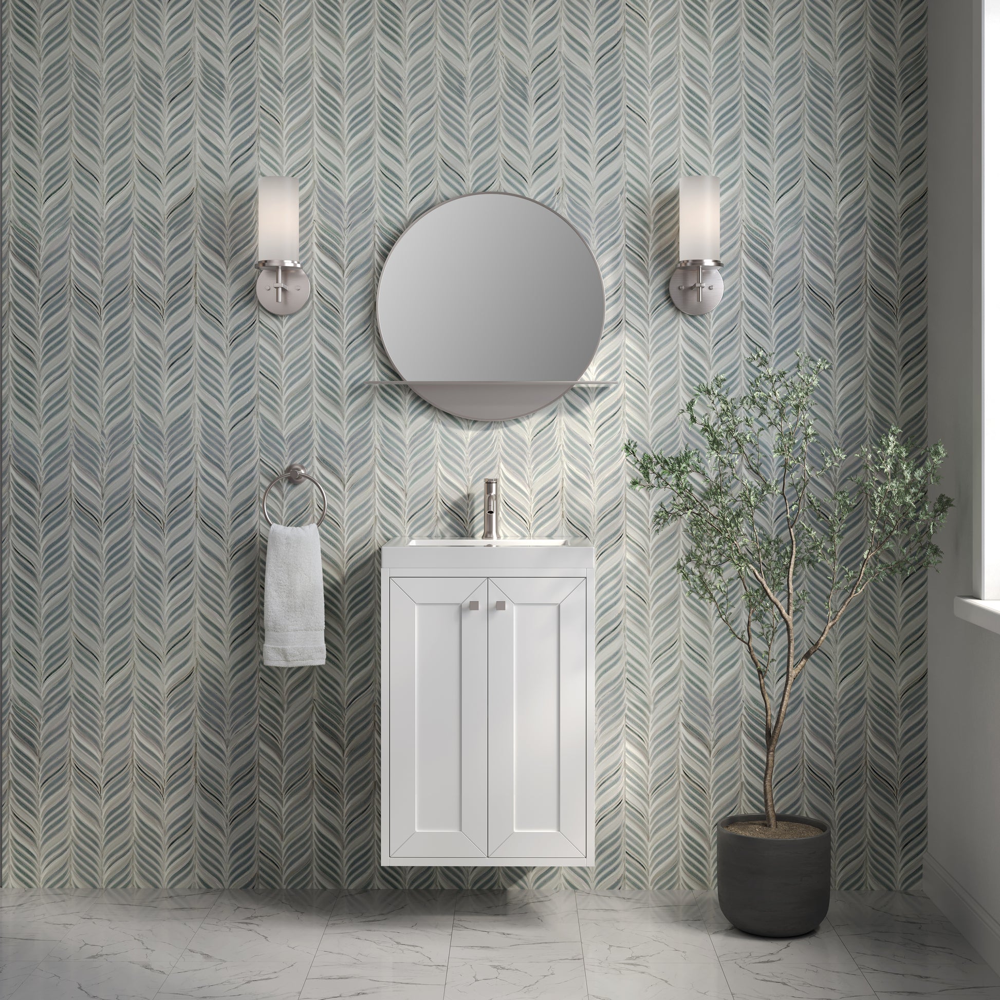 Renovate for Less Atlanta Chianti 20" Single Vanity, Glossy White, Brushed Nickel, w/ White Glossy Composite Stone Top