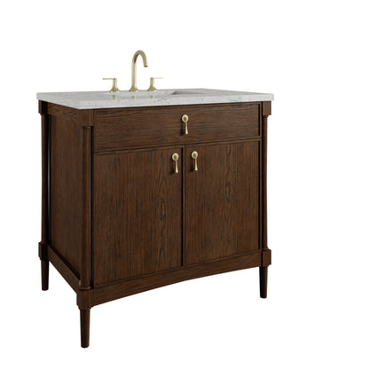 Renovate for Less Atlanta Kinnsden 36" Single Vanity, Sable Oak w/ 3 CM Eternal Jasmine Pearl Silestone Top