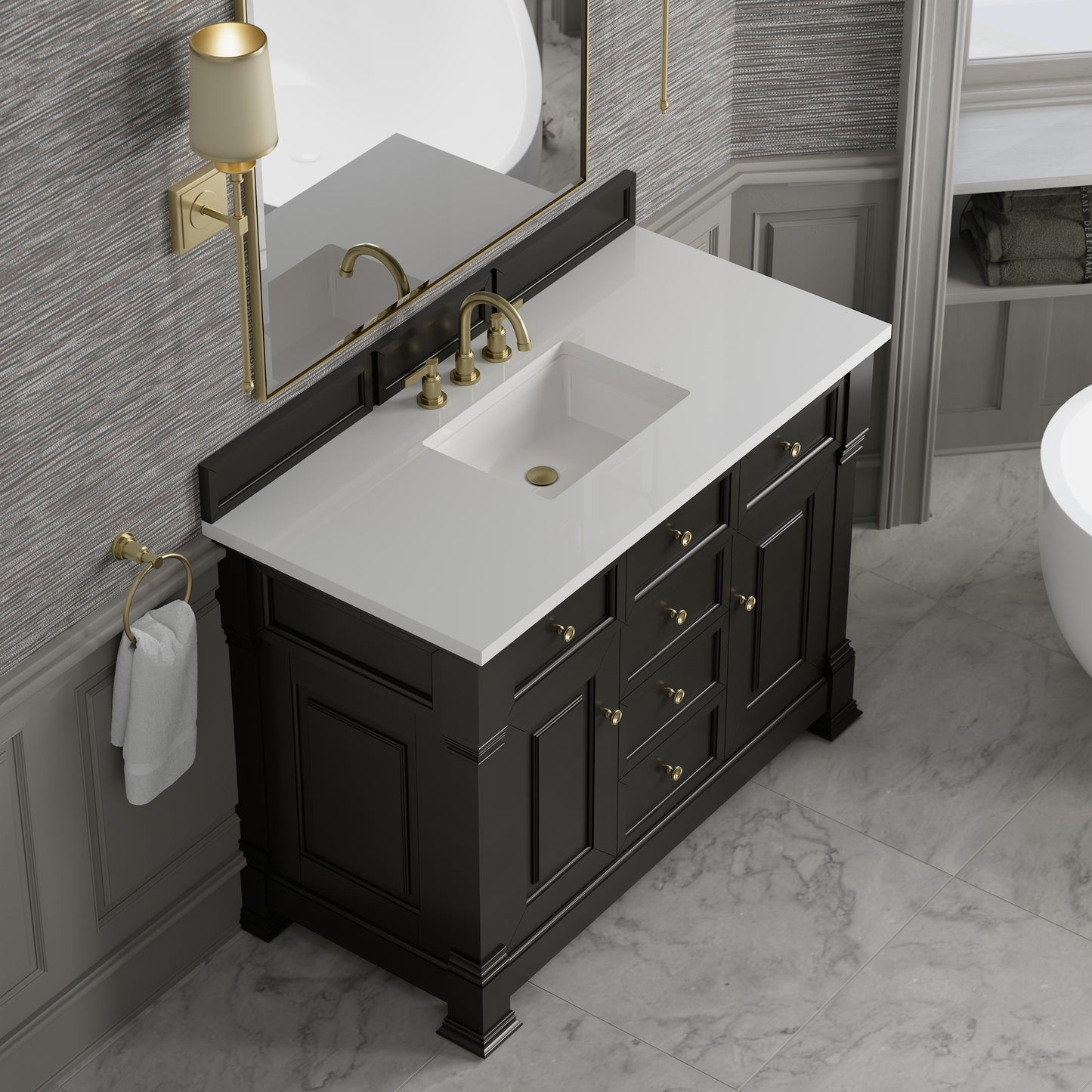Renovate for Less Atlanta Brookfield 48" Single Vanity, Black Onyx,  w/ 3 CM White Zeus Silestone Top
