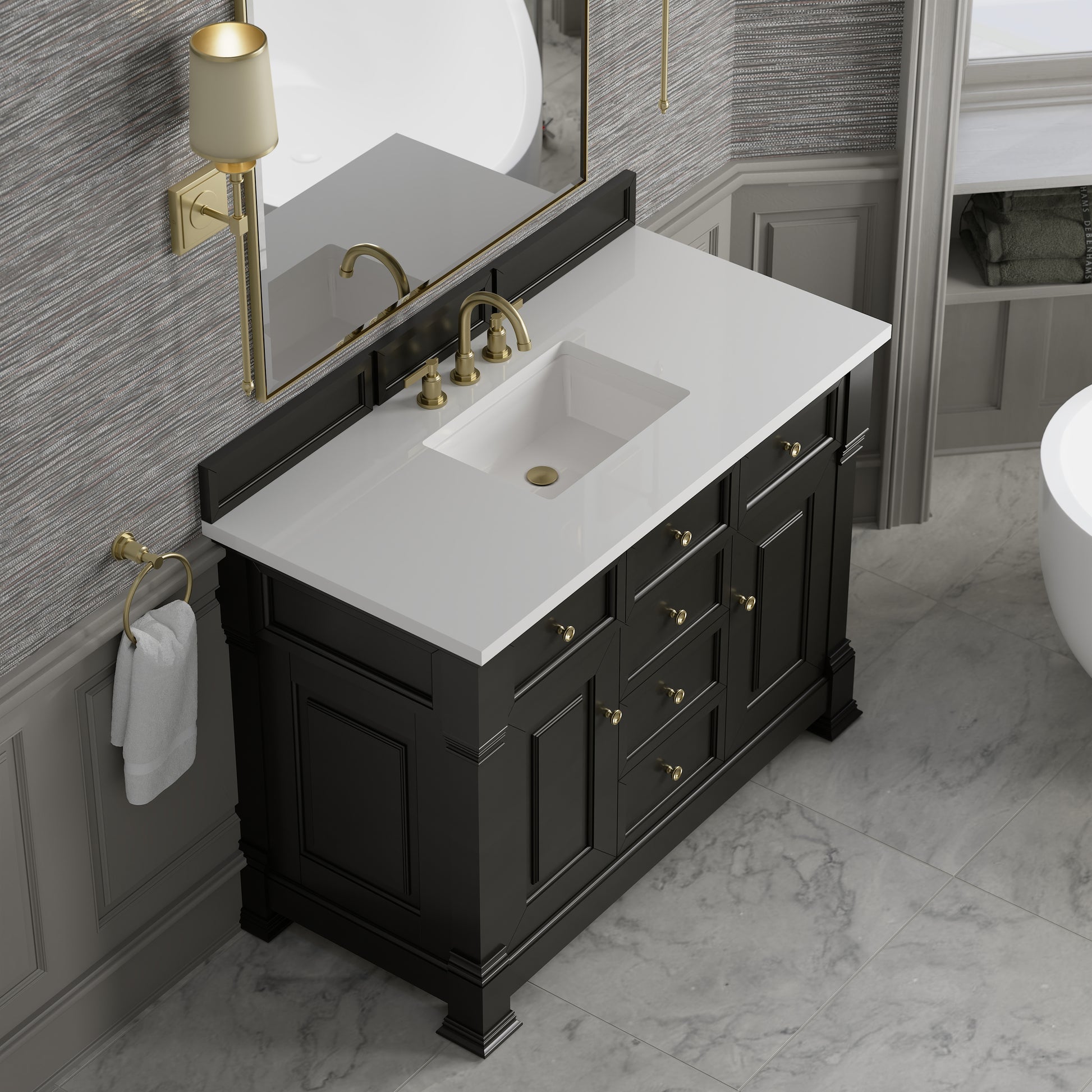 Renovate for Less Atlanta Brookfield 48" Single Vanity, Black Onyx,  w/ 3 CM White Zeus Silestone Top