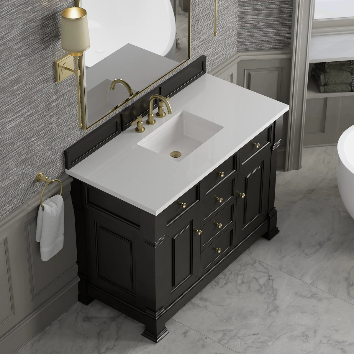 Brookfield 48" Single Vanity, Black Onyx,  w/ 3 CM White Zeus Silestone Top