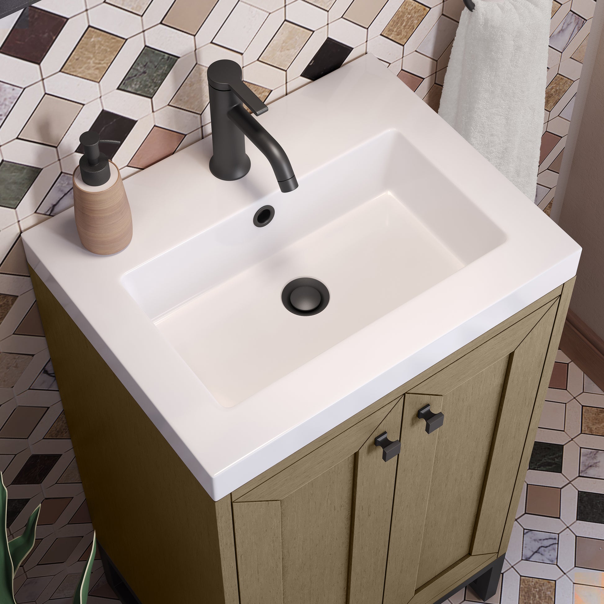 Renovate for Less Atlanta Chianti 20" Single Vanity, Walnut Whisper, Matte Black, w/ White Glossy Composite Stone Top