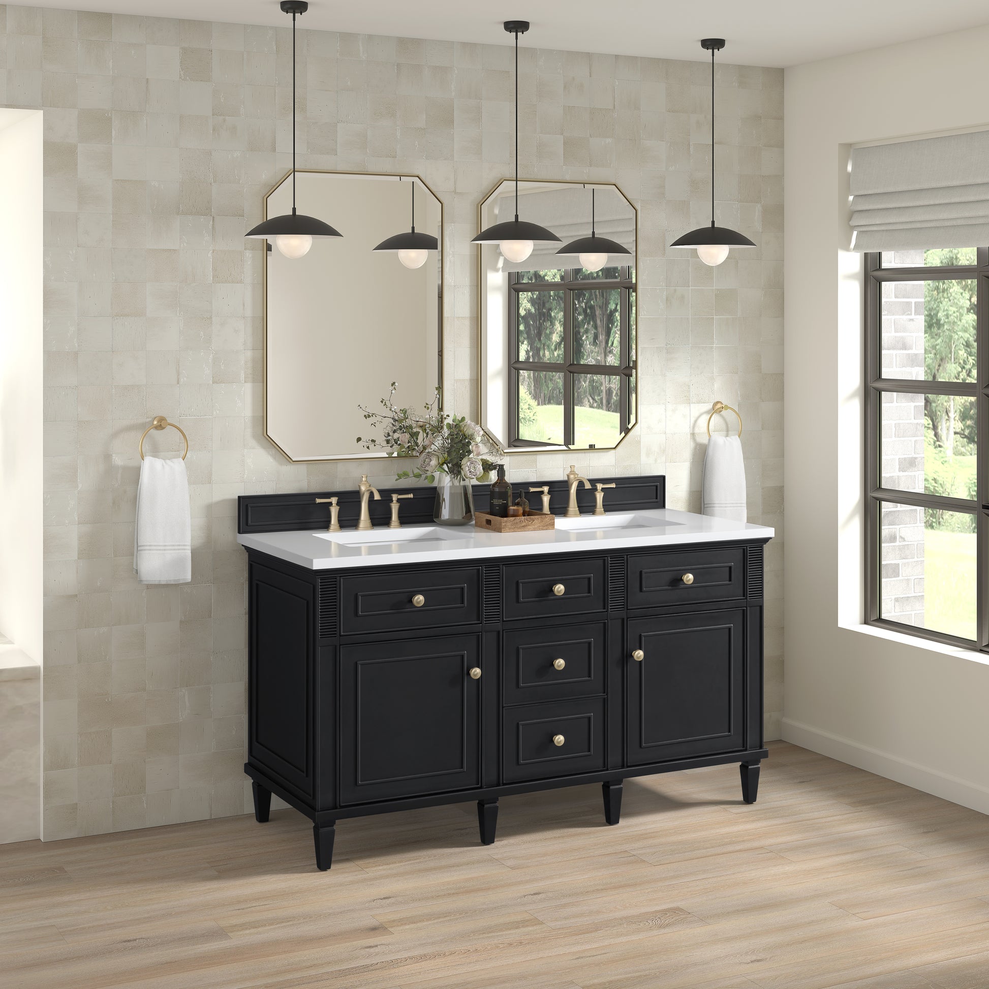 Renovate for Less Atlanta Lorelai 60" Double Vanity, Black Onyx w/ 3 CM White Zeus Silestone Top