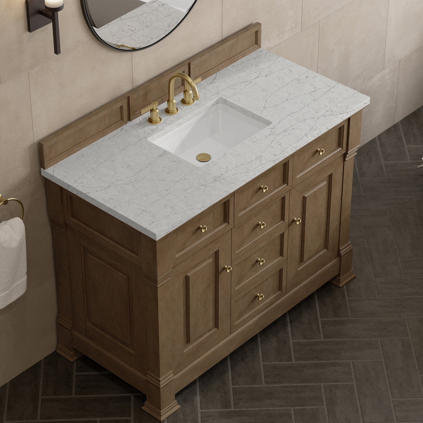 Renovate for Less Atlanta Brookfield 48" Single Vanity, Pecan w/3 CM Eternal Jasmine Pearl Silestone Top