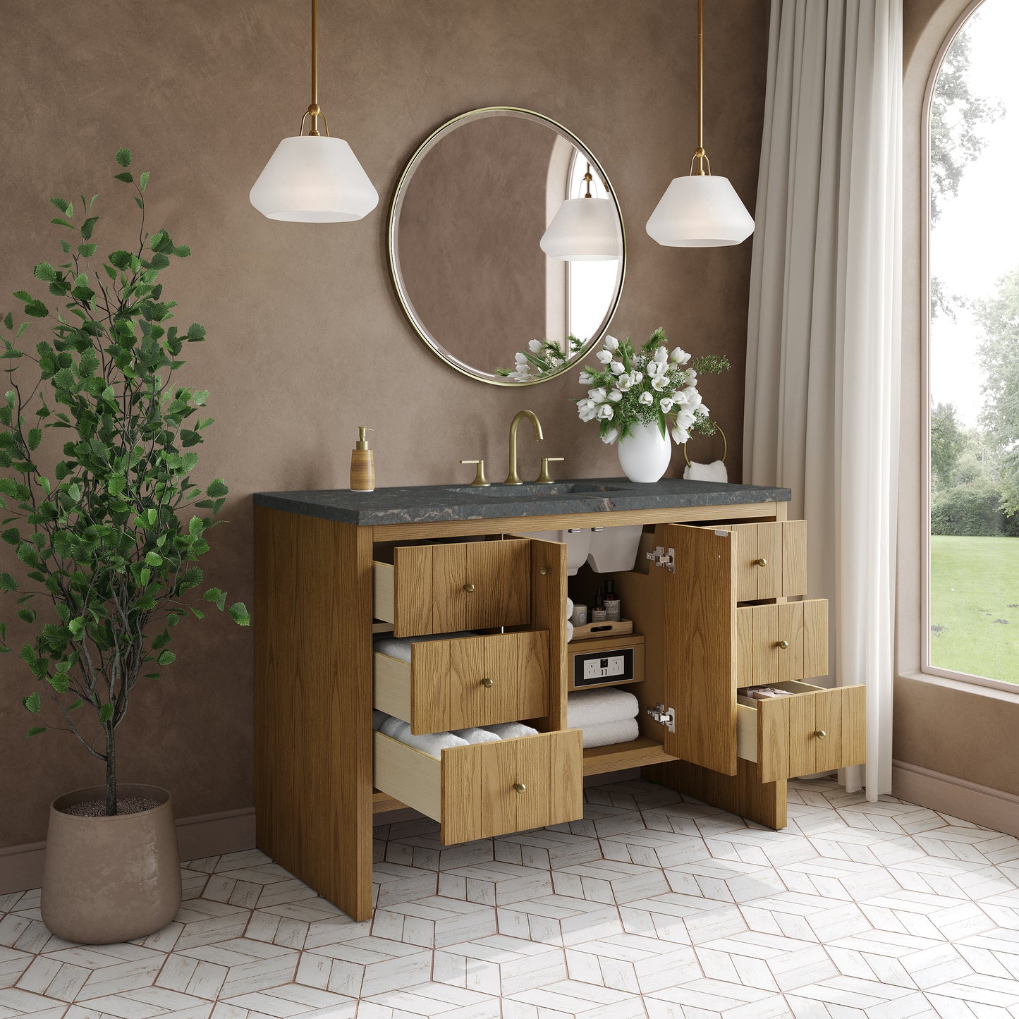Renovate for Less Atlanta Hudson 48" Single Vanity, Light Natural Oak w/ 3 CM Parisien Bleu Top w/ FreePower Wireless Charger