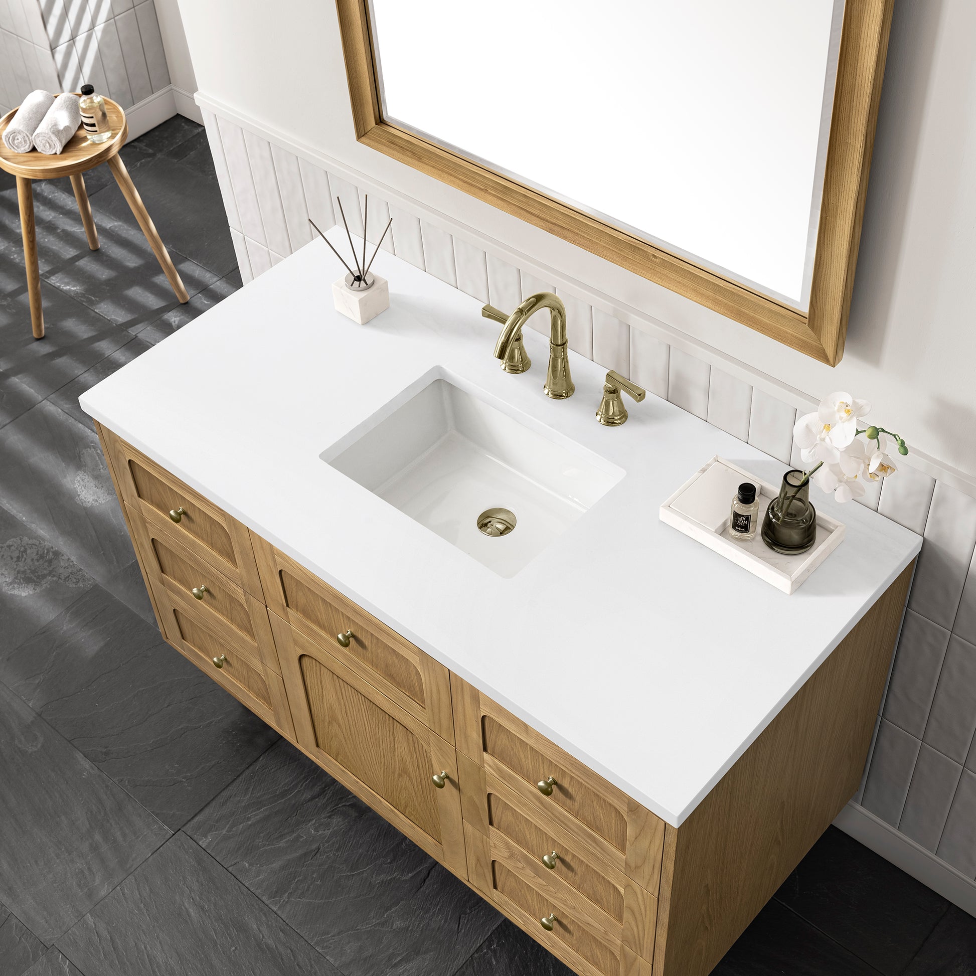 Renovate for Less Atlanta Laurent 48" Single Vanity, Light Natural Oak w/ 3 CM White Zeus Top