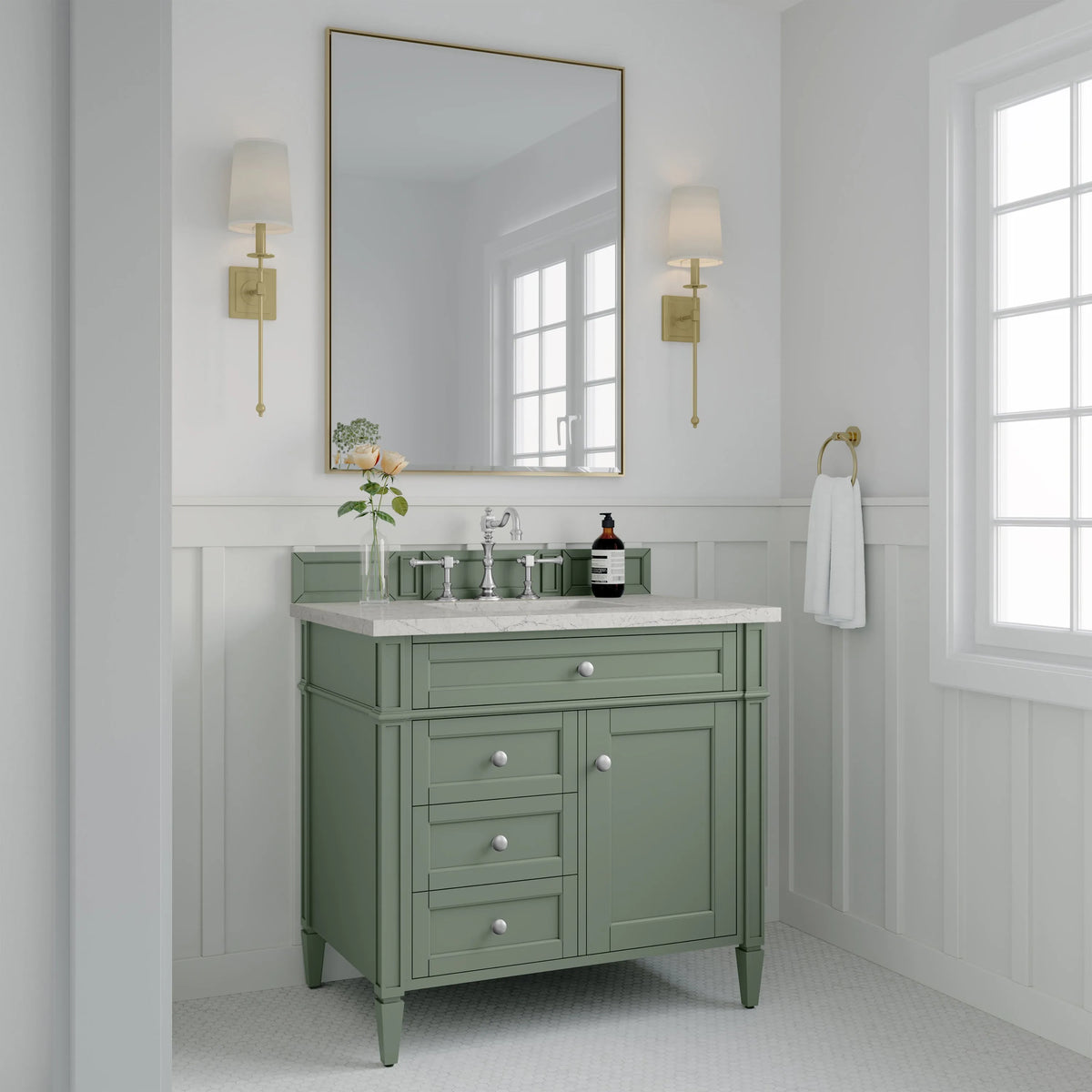 Brittany 36" Single Vanity, Smokey Celadon w/ 3 CM Eternal Jasmine Pearl Top
